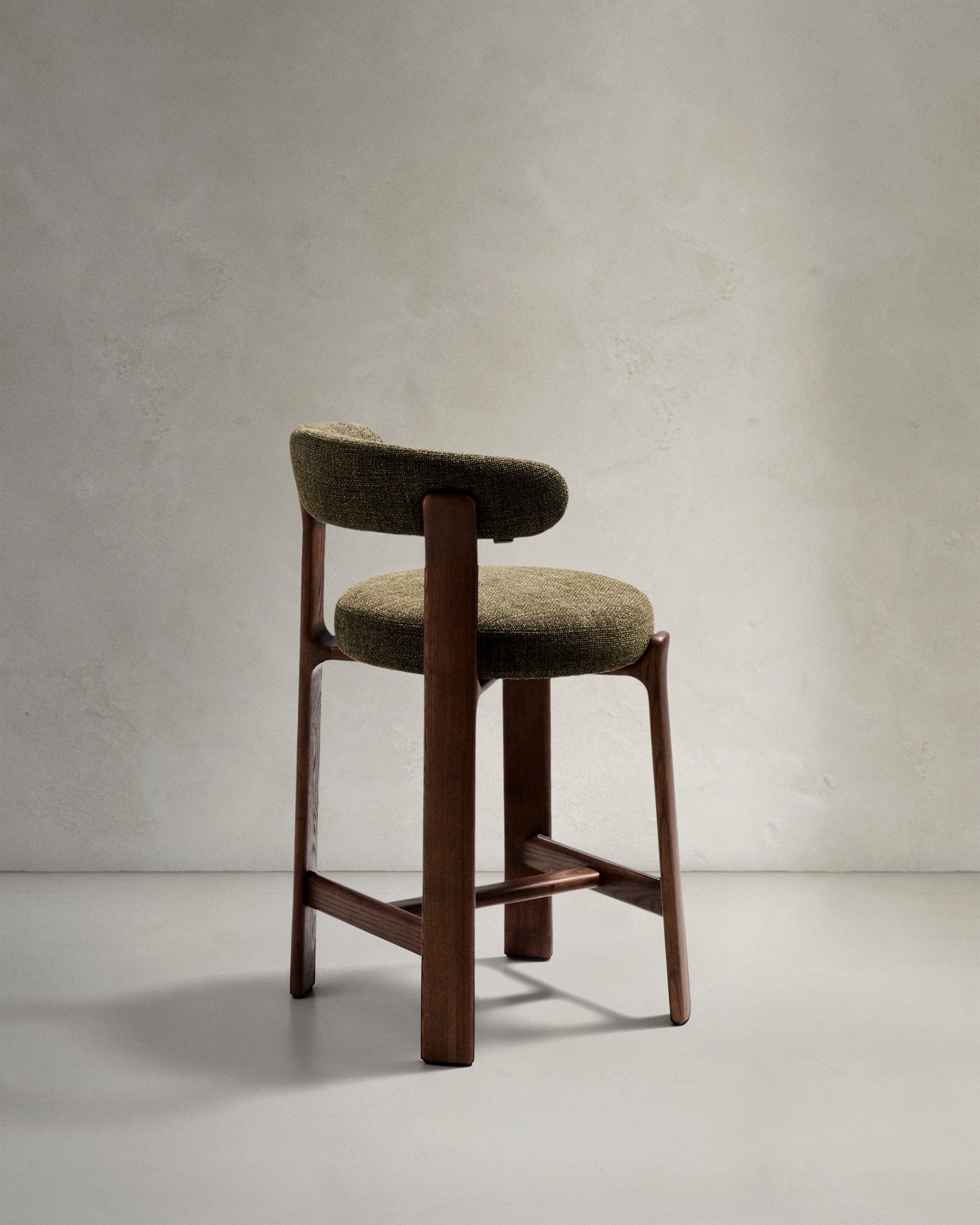 Granite stool in green chenille and solid ash wood with walnut-coloured finish FSC 100% 65cm - Product View