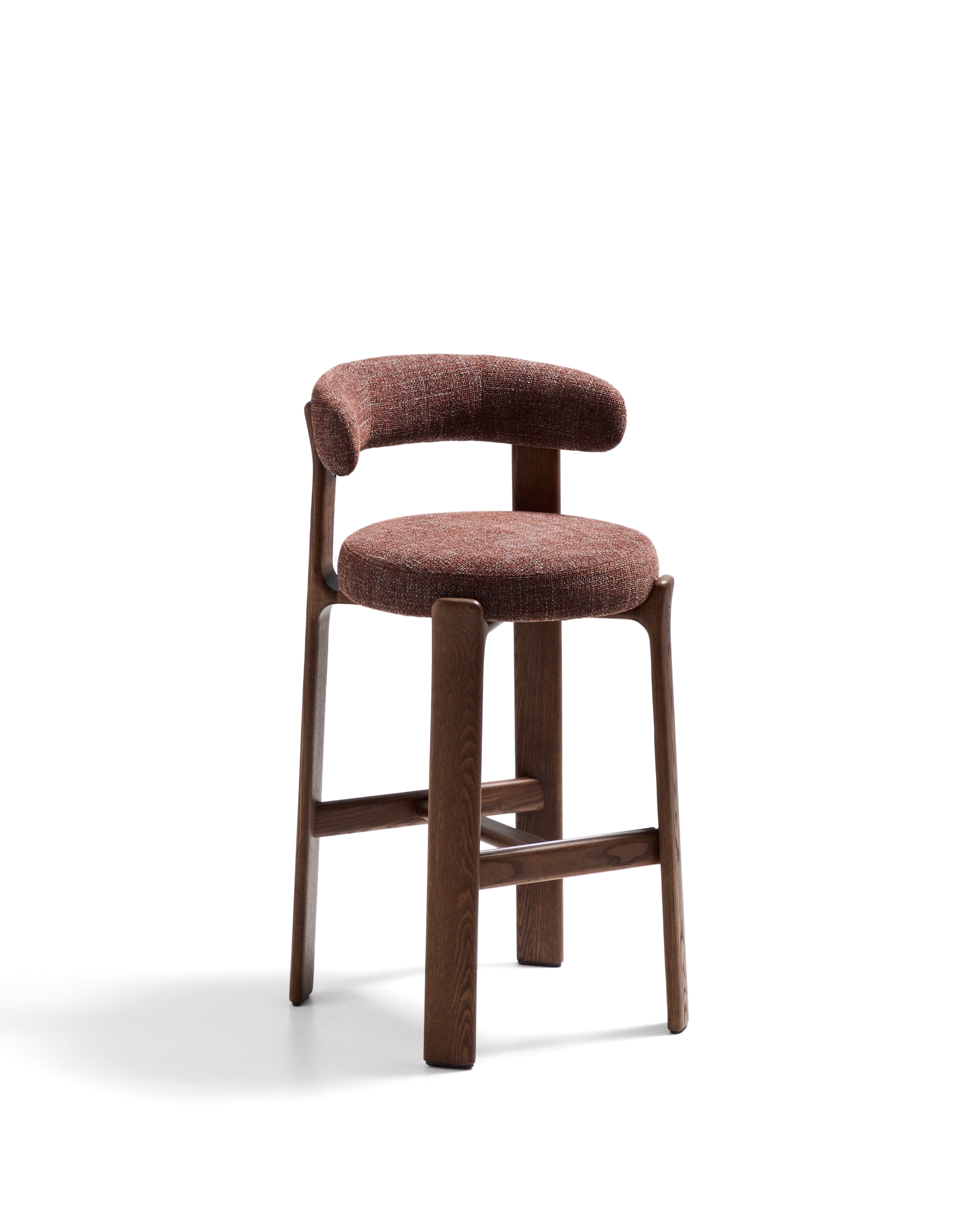 Granite stool in brown chenille and solid ash wood with walnut-coloured finish FSC 100% 75cm - Product Image