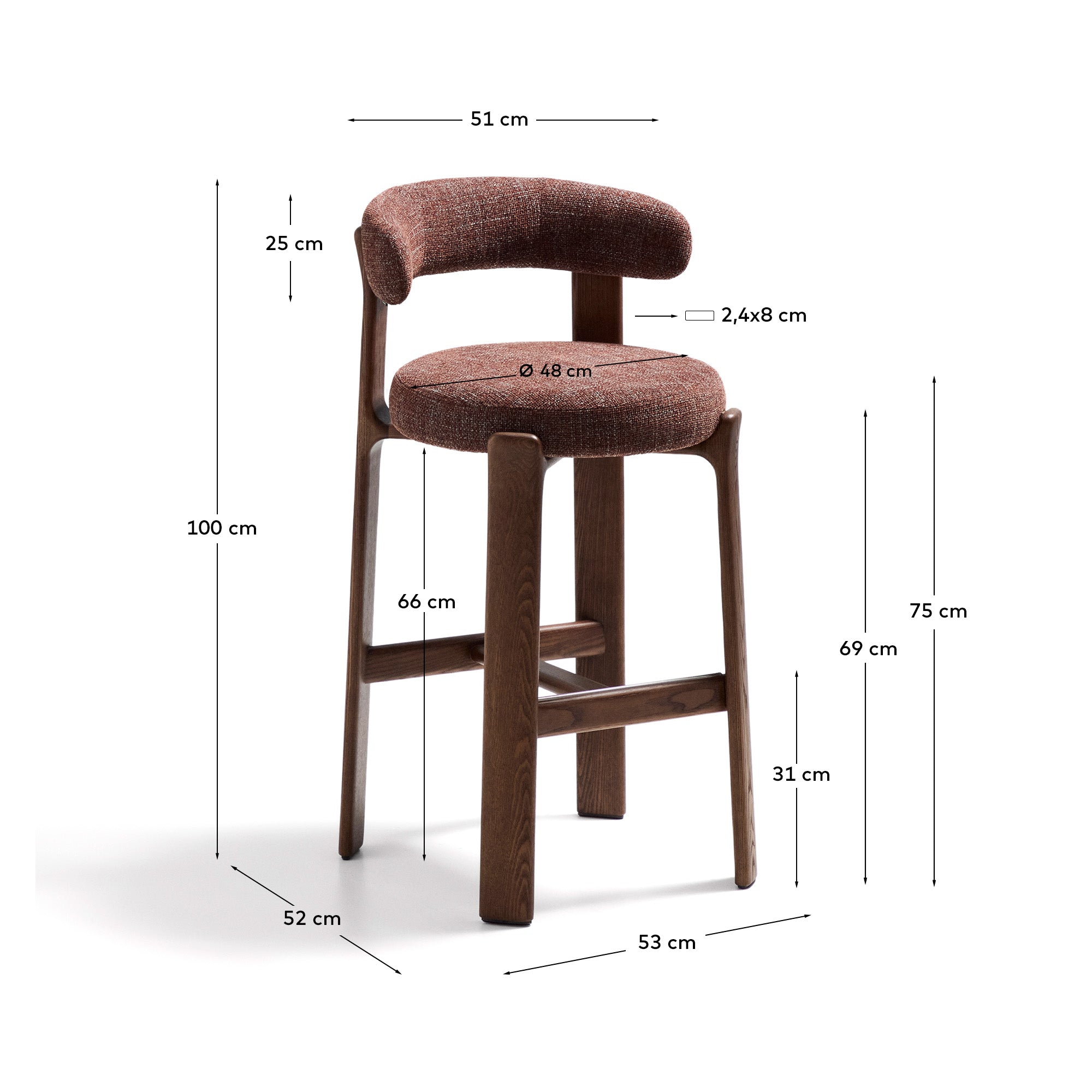 Granite stool in brown chenille and solid ash wood with walnut-coloured finish FSC 100% 75cm - Measurements