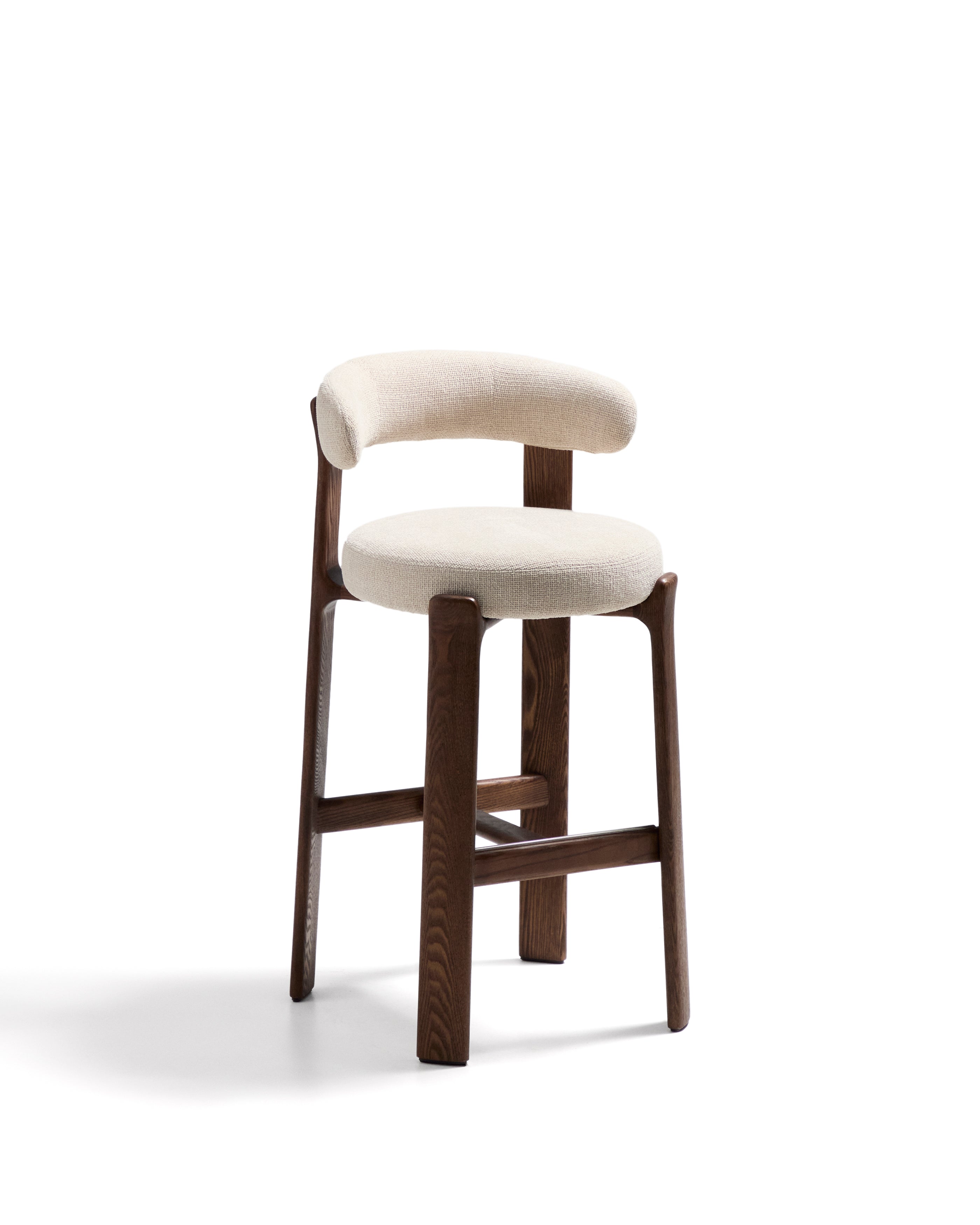 Granite stool in beige chenille and solid ash wood with walnut-coloured finish FSC 100% 75cm - Product Image