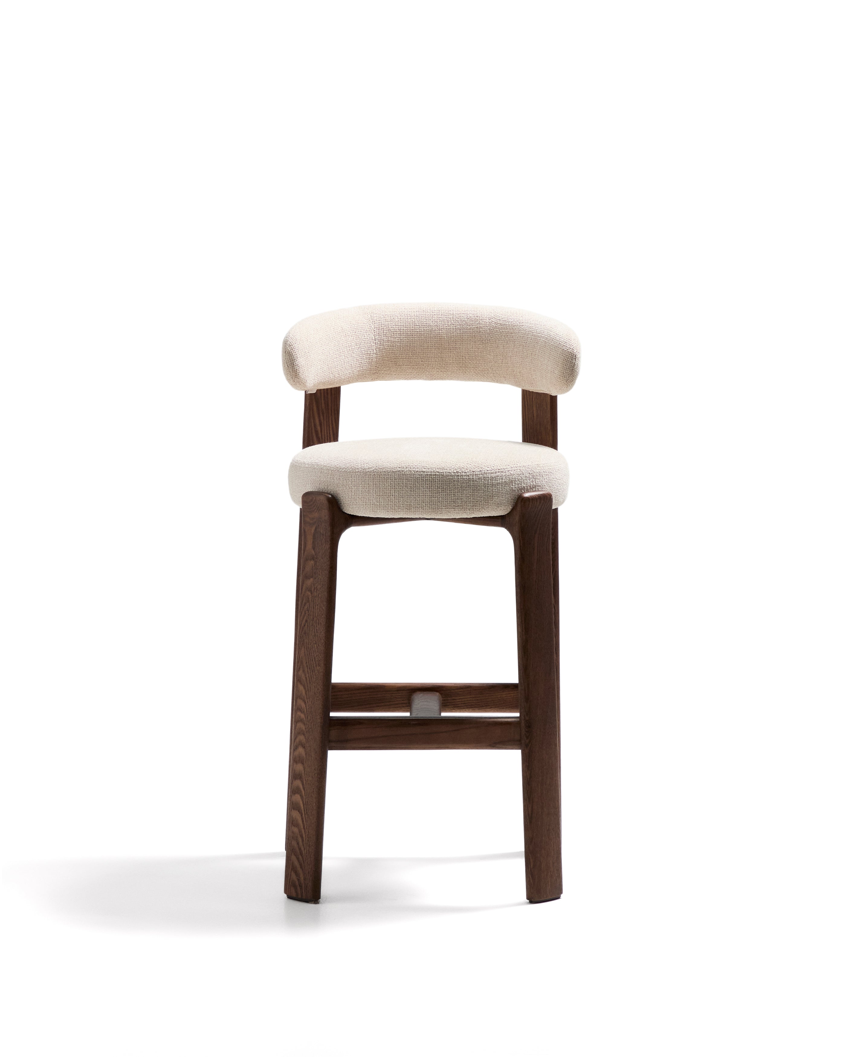 Granite stool in beige chenille and solid ash wood with walnut-coloured finish FSC 100% 75cm - Product Image