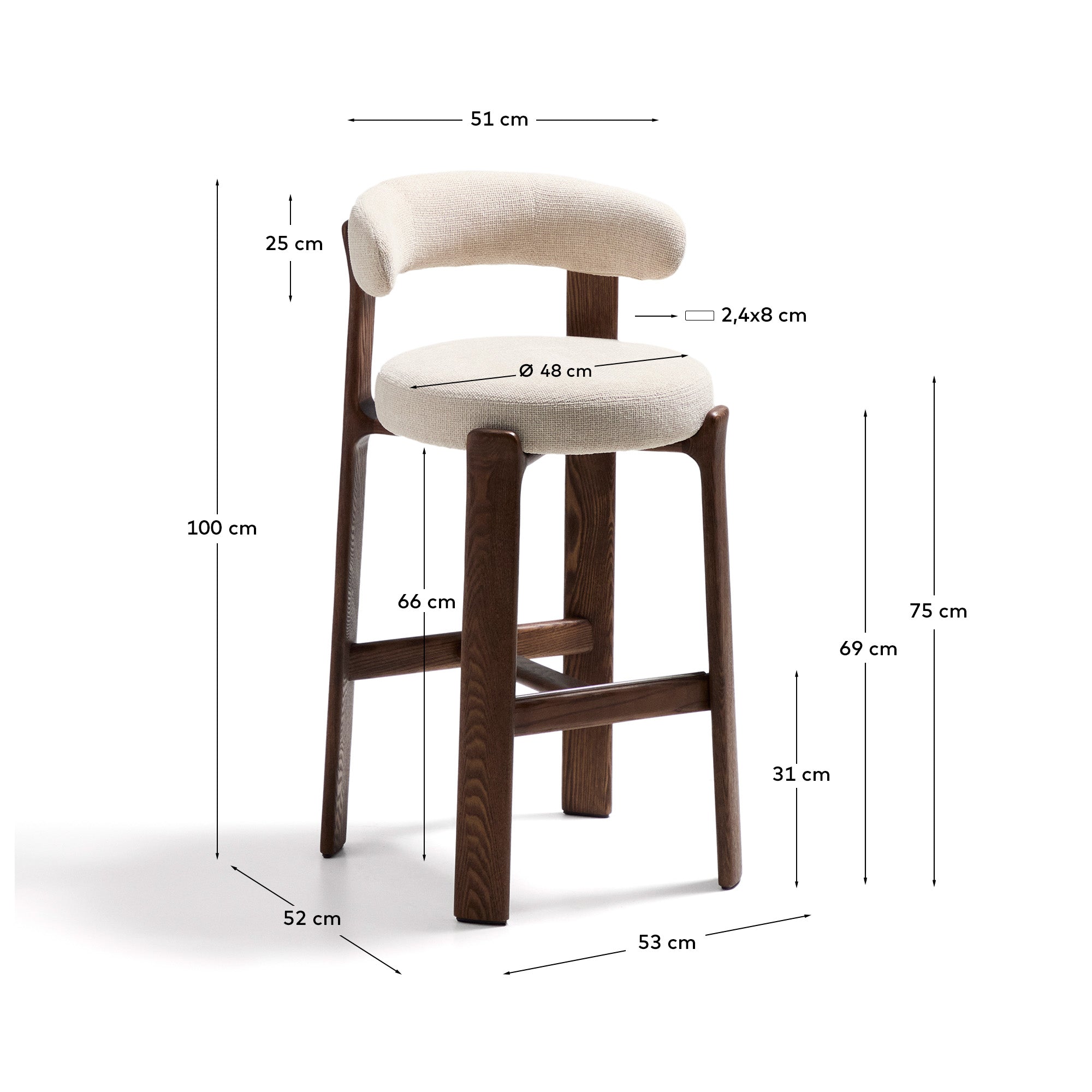 Granite stool in beige chenille and solid ash wood with walnut-coloured finish FSC 100% 75cm - Measurements
