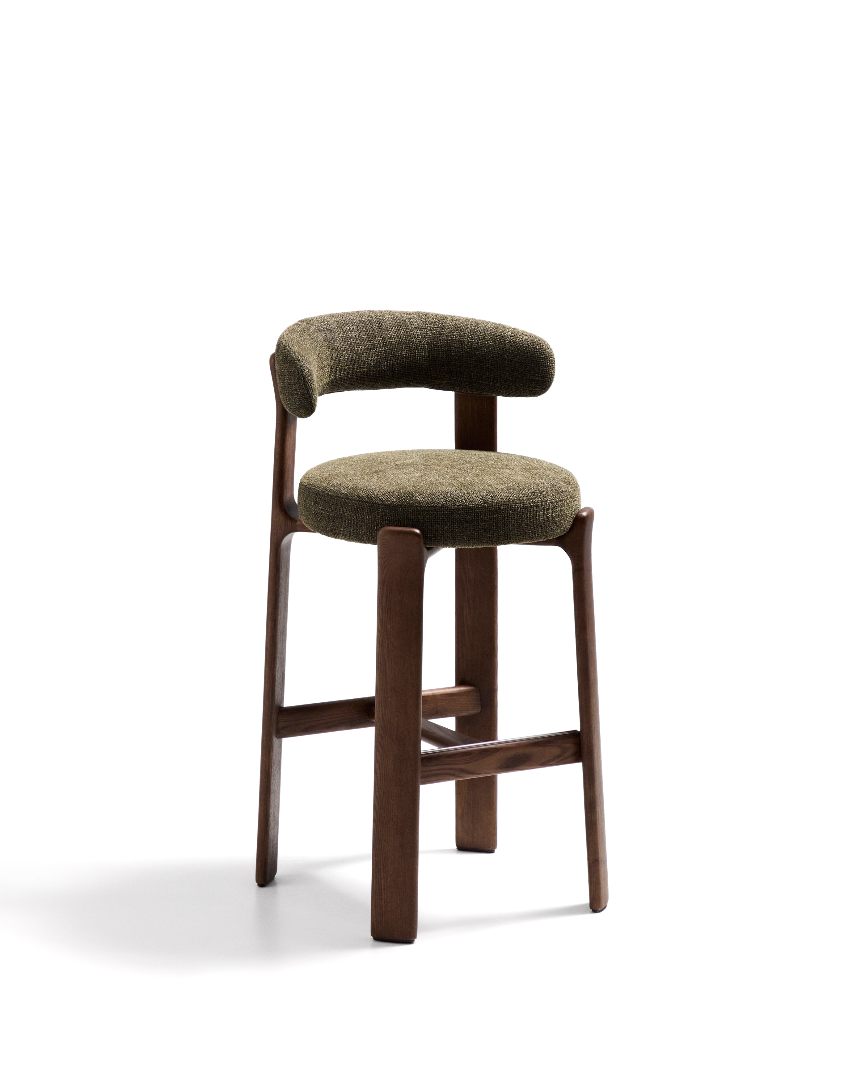 Granite stool in green chenille and solid ash wood with walnut-coloured finish FSC 100% 75cm - Product Image