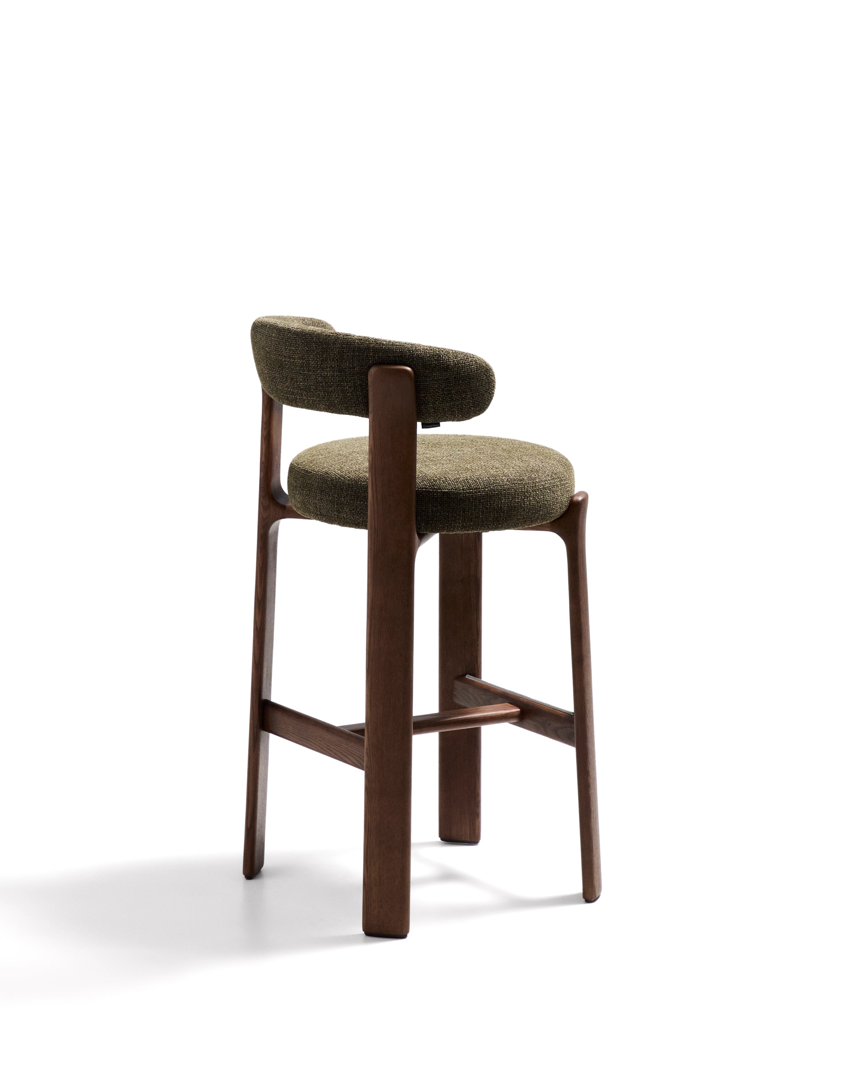 Granite stool in green chenille and solid ash wood with walnut-coloured finish FSC 100% 75cm - Product Image