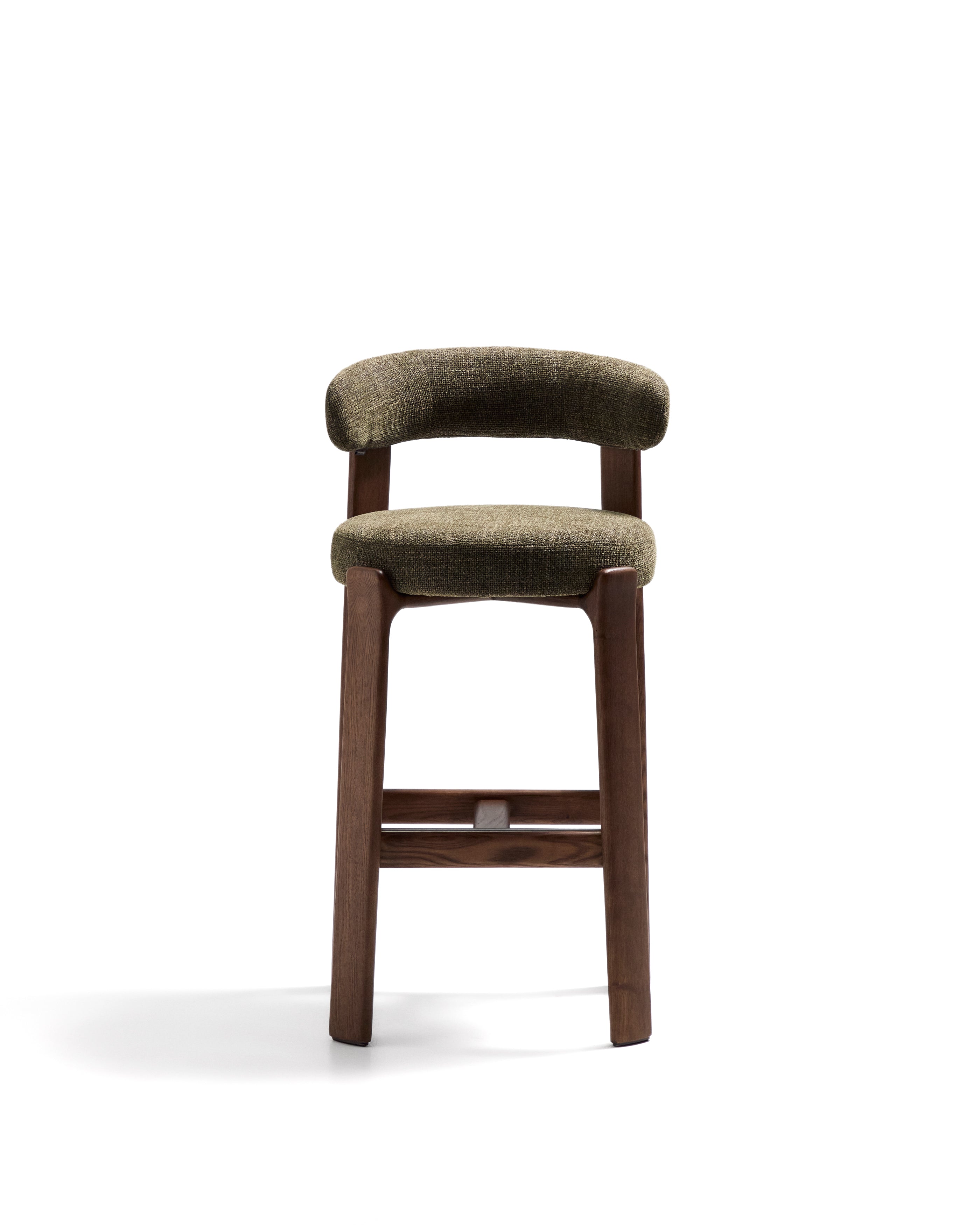 Granite stool in green chenille and solid ash wood with walnut-coloured finish FSC 100% 75cm - Product Image
