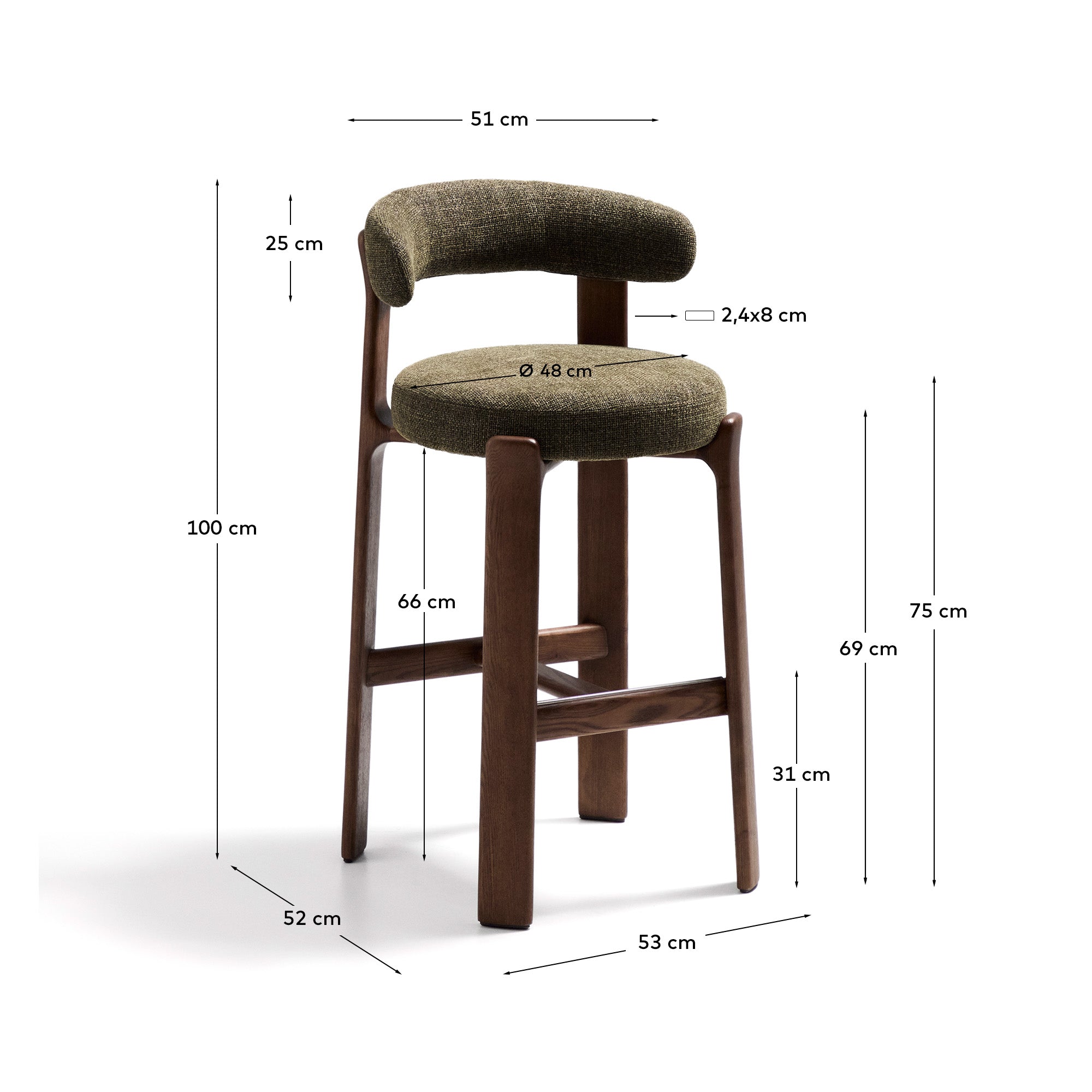 Granite stool in green chenille and solid ash wood with walnut-coloured finish FSC 100% 75cm - Measurements
