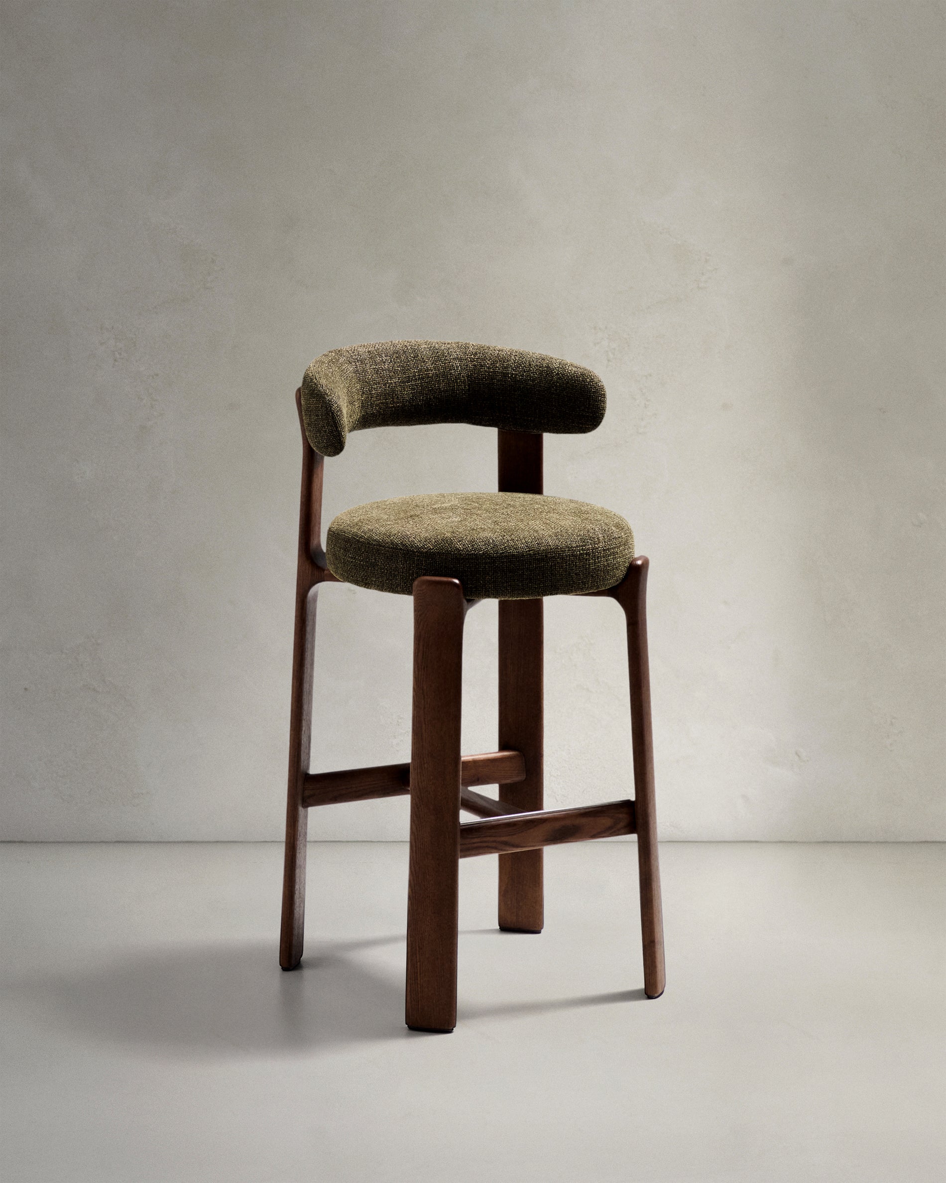 Granite stool in green chenille and solid ash wood with walnut-coloured finish FSC 100% 75cm - Product View