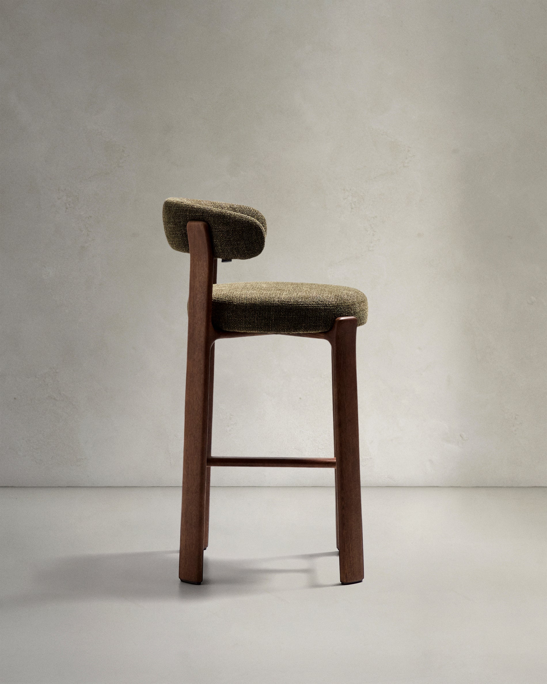Granite stool in green chenille and solid ash wood with walnut-coloured finish FSC 100% 75cm - Product View