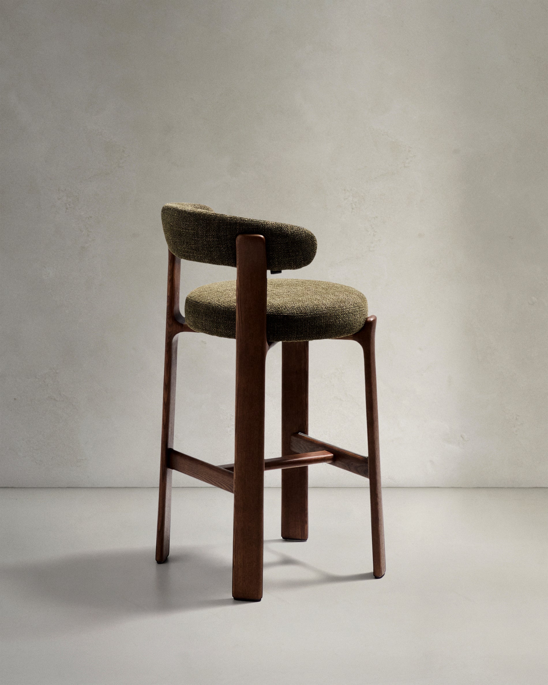 Granite stool in green chenille and solid ash wood with walnut-coloured finish FSC 100% 75cm - Product View