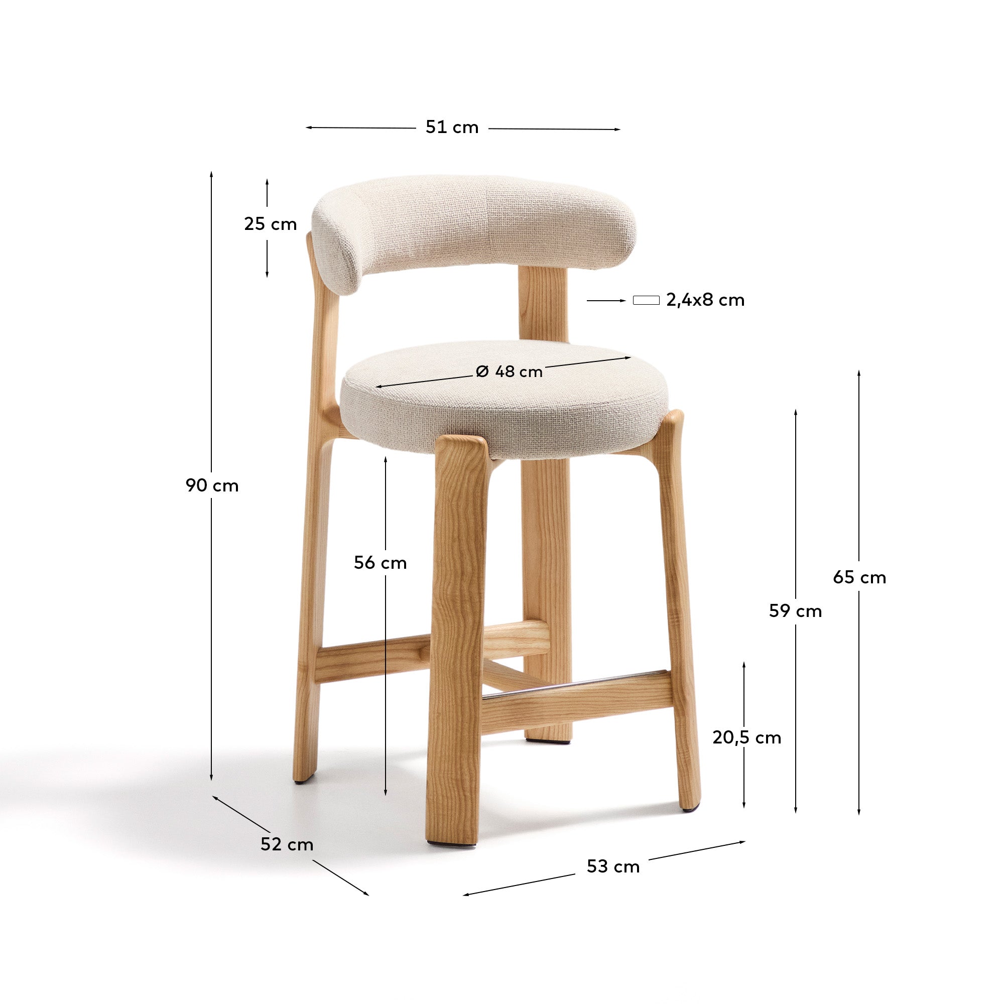 Granite stool in beige chenille and solid ash wood with natural tone finish FSC 100% 65cm - Measurements
