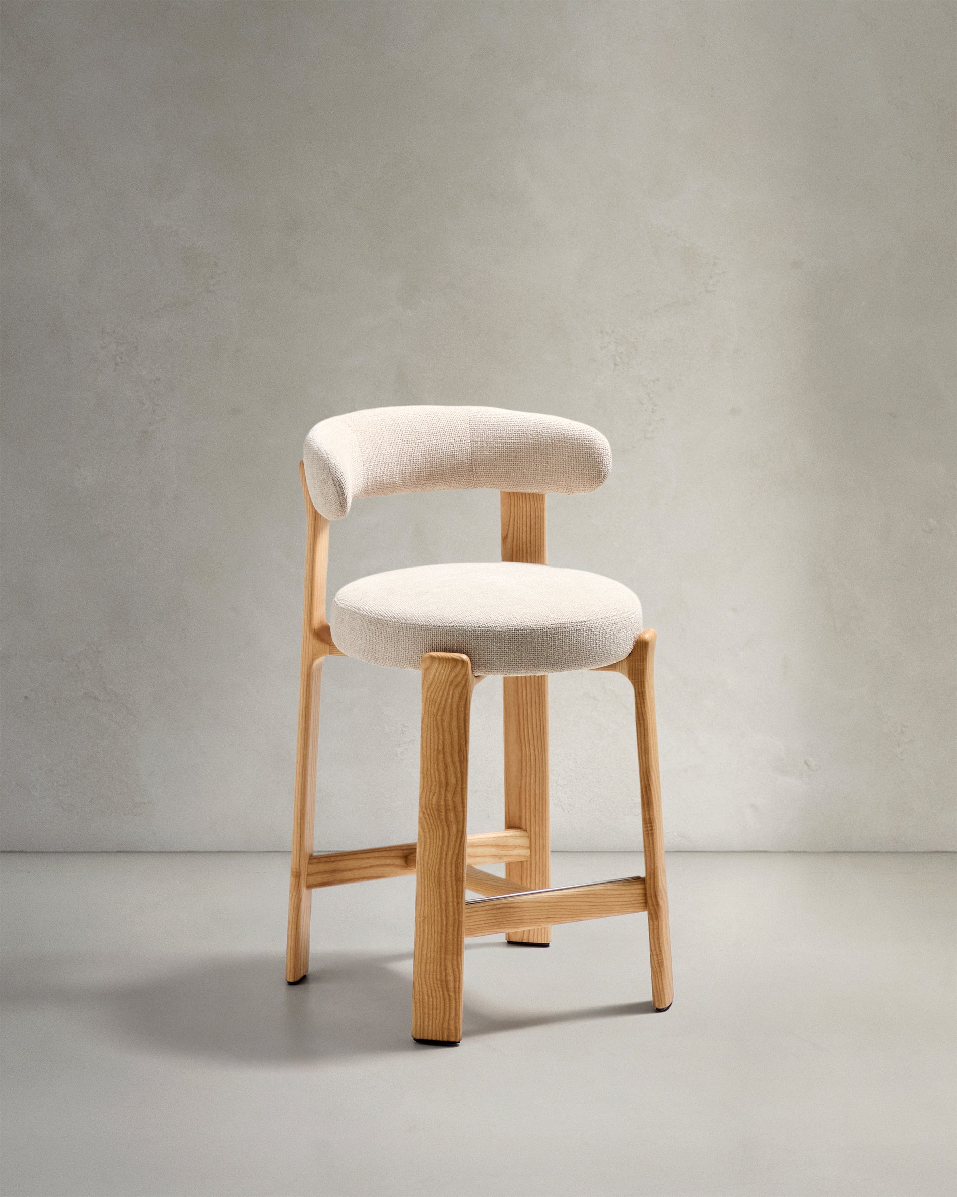 Granite stool in beige chenille and solid ash wood with natural tone finish FSC 100% 65cm - Product View
