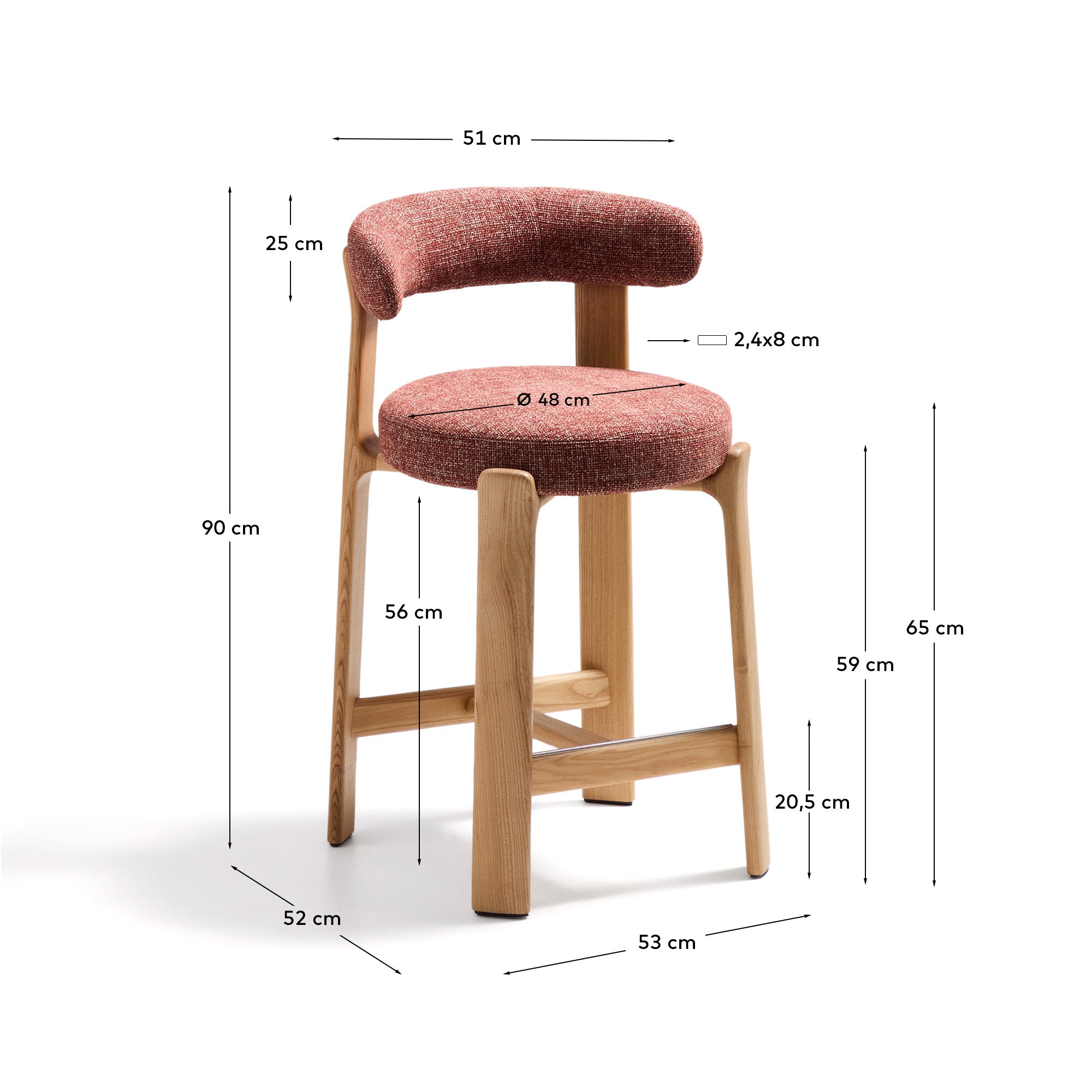 Granite stool in terracotta chenille and solid ash wood with natural tone finish FSC 100% 65cm - Measurements