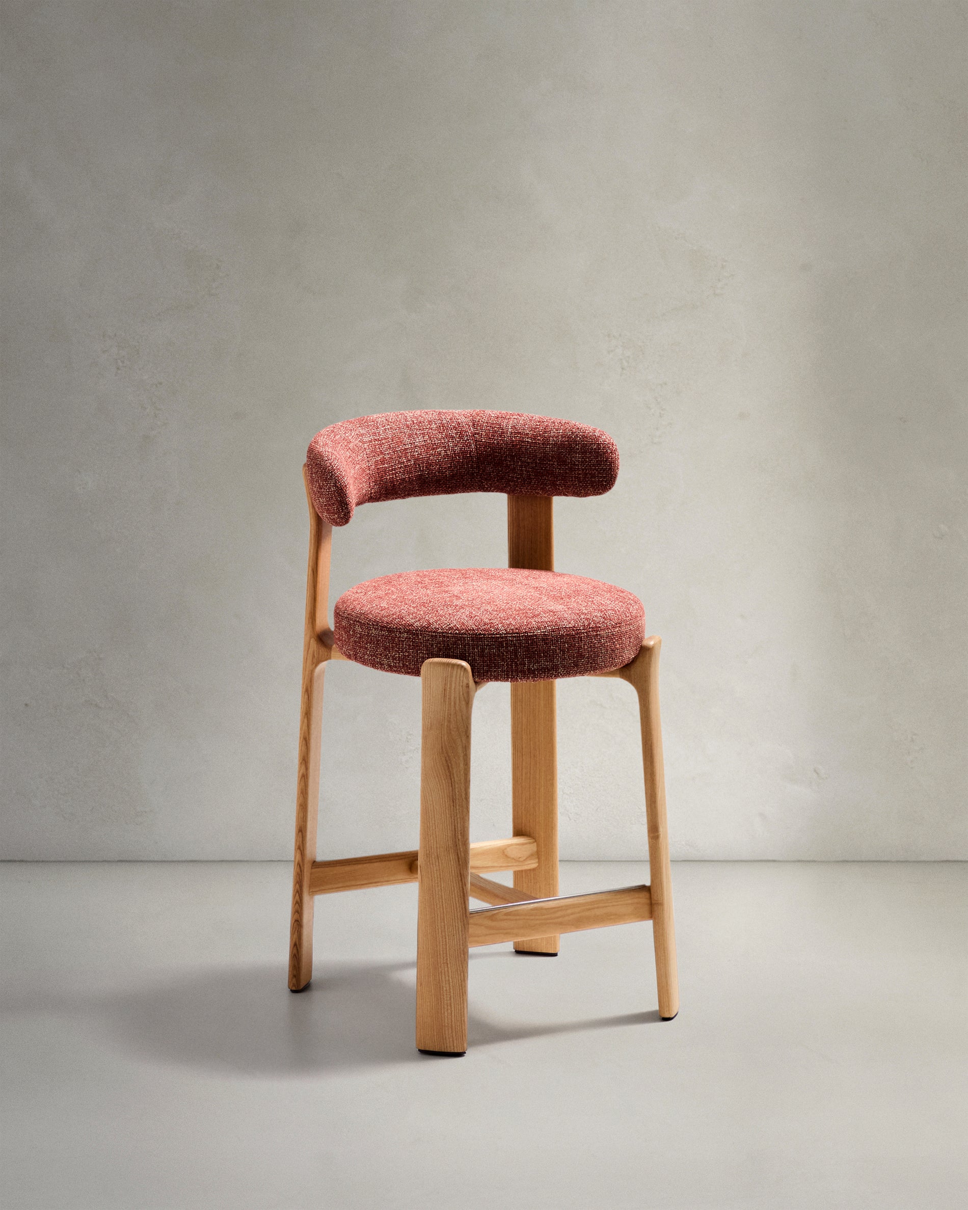 Granite stool in terracotta chenille and solid ash wood with natural tone finish FSC 100% 65cm - Product View