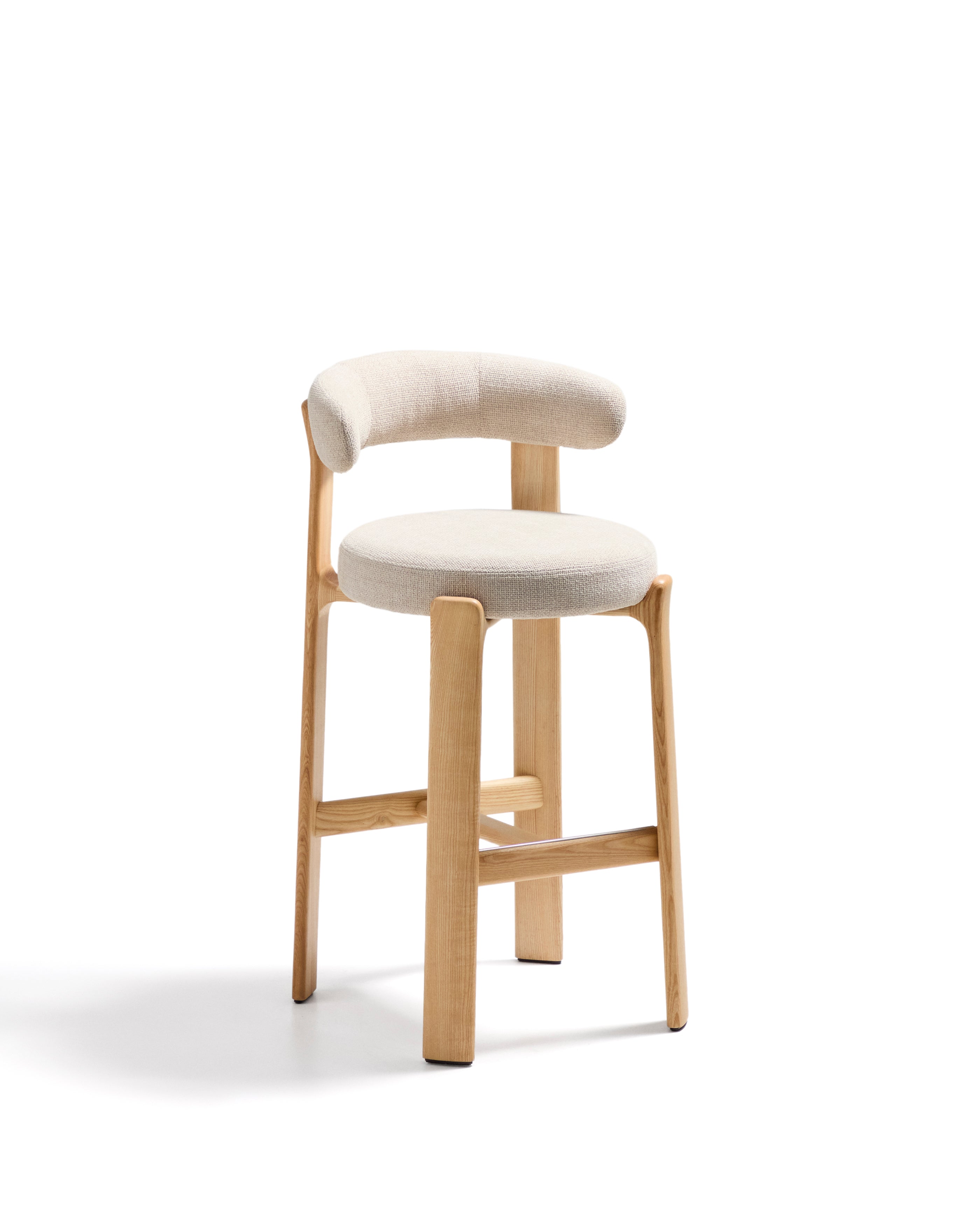 Granite stool made of beige chenille and solid ash wood with natural tone finish FSC 100% 75cm - Product Image