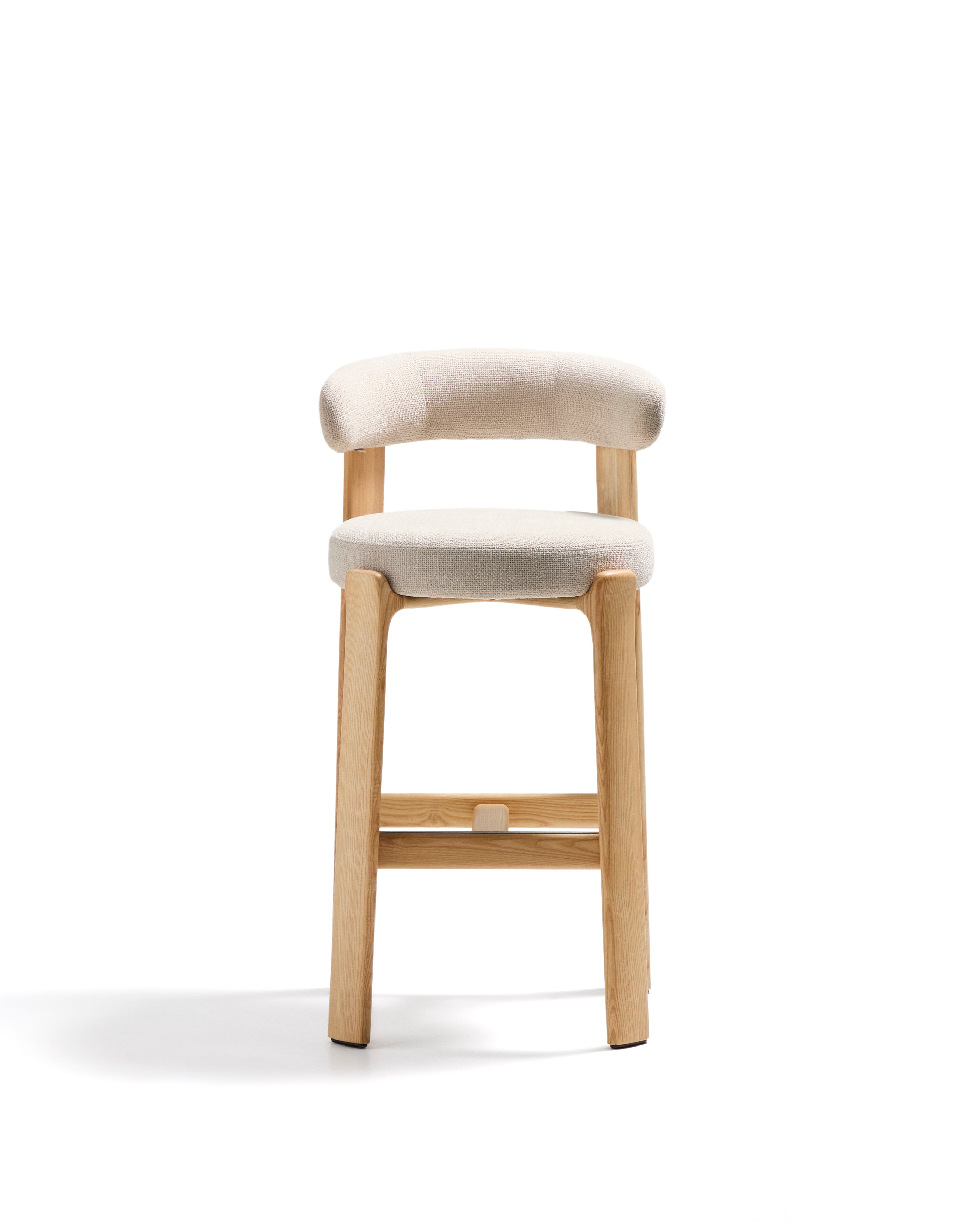 Granite stool made of beige chenille and solid ash wood with natural tone finish FSC 100% 75cm - Product Image