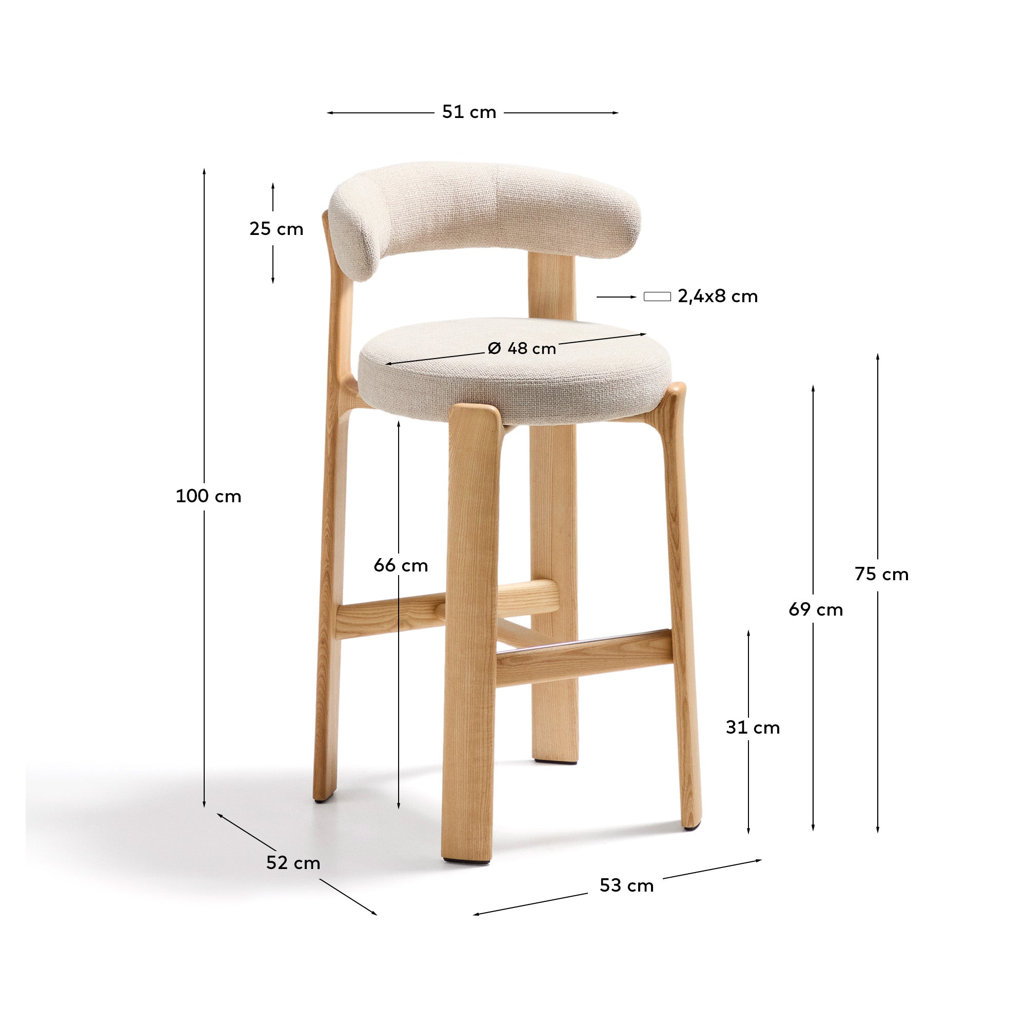 Granite stool made of beige chenille and solid ash wood with natural tone finish FSC 100% 75cm - Measurements