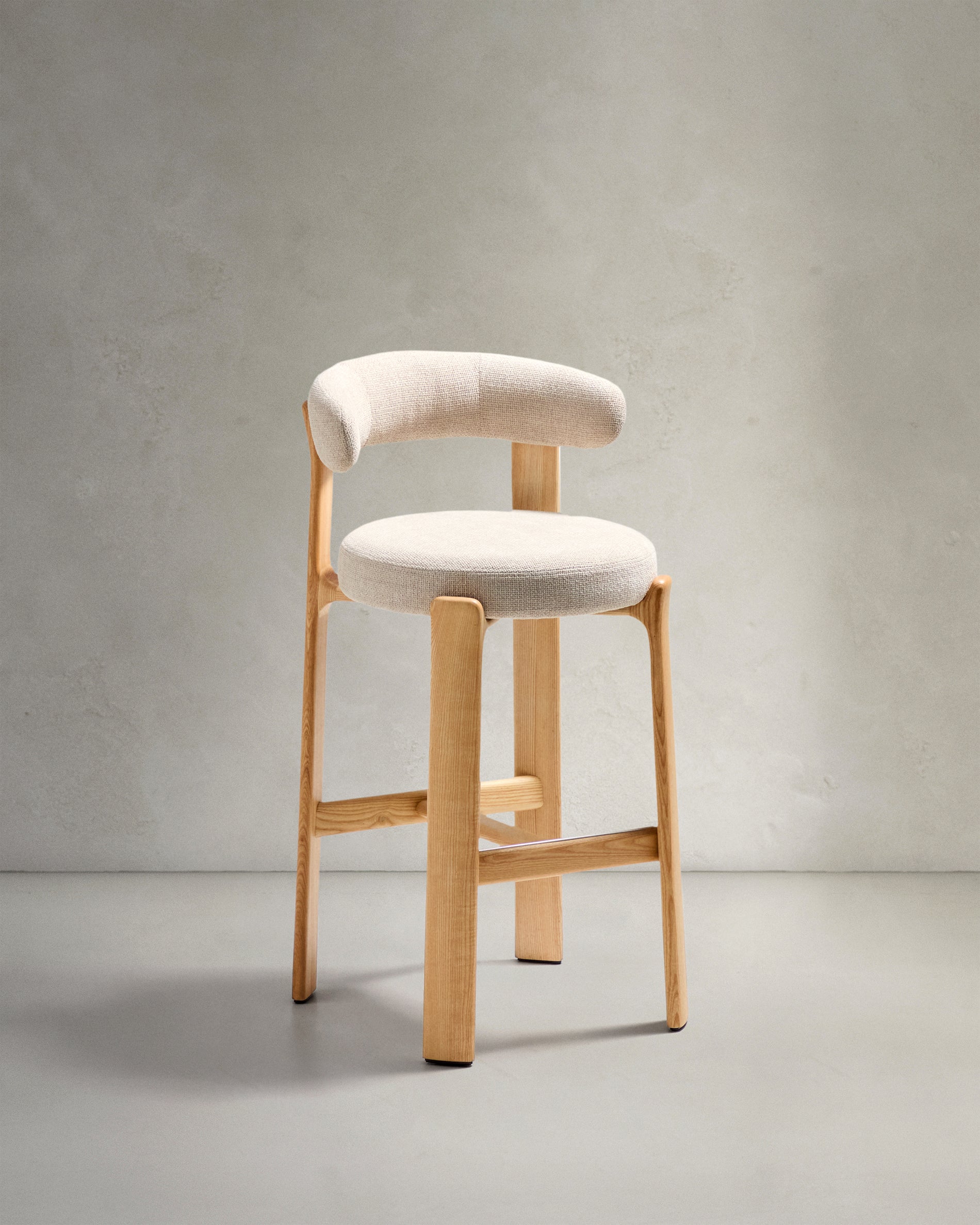 Granite stool made of beige chenille and solid ash wood with natural tone finish FSC 100% 75cm - Product View