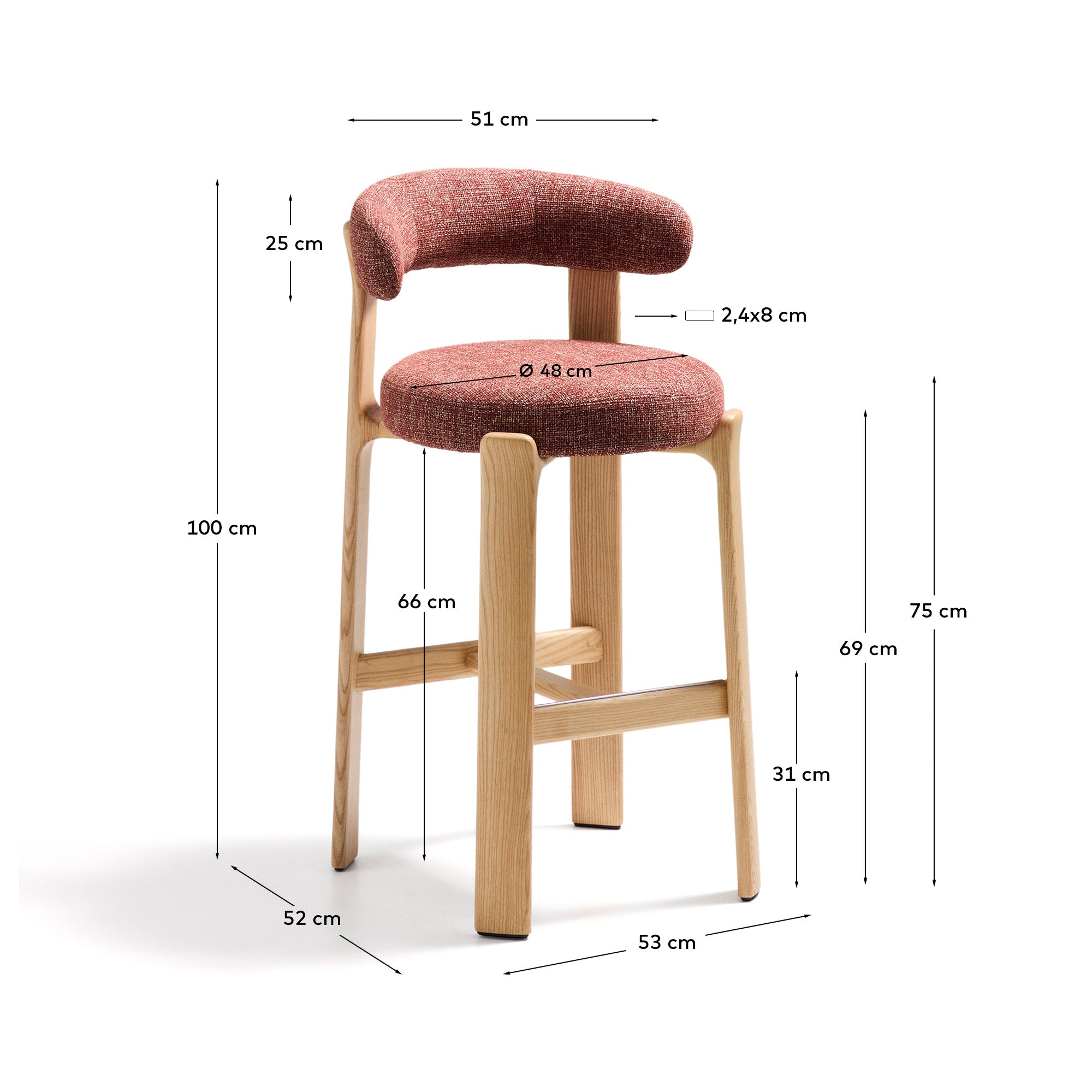 Granite stool in terracotta chenille and solid ash wood with natural tone finish FSC 100% 75cm - Measurements