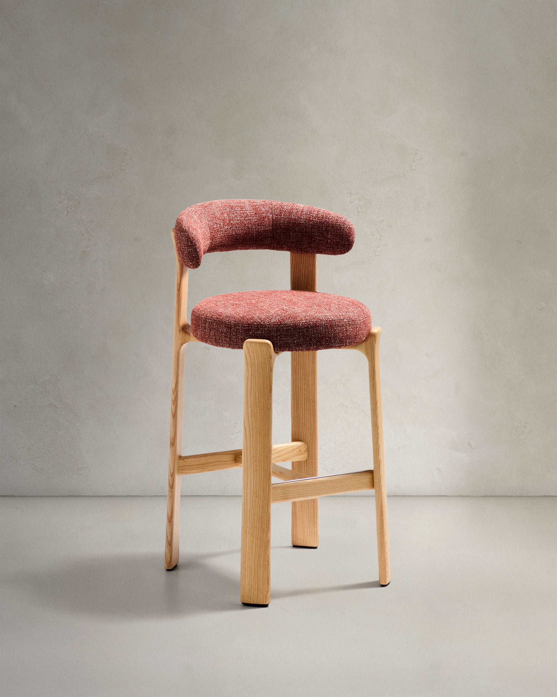 Granite stool in terracotta chenille and solid ash wood with natural tone finish FSC 100% 75cm - Product View