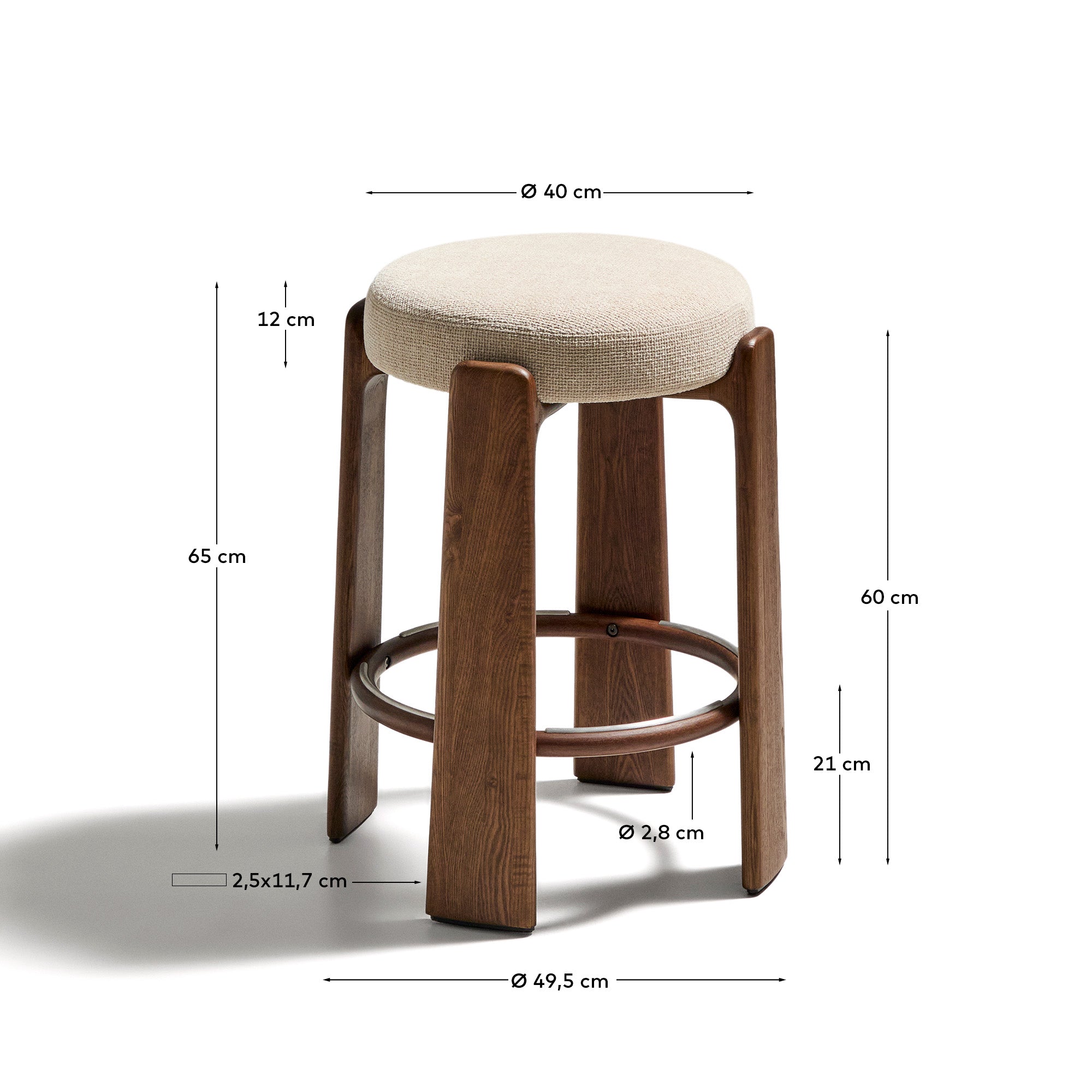 Granite fire-retardant stool in beige chenille and solid ash wood with walnut-coloured finish FSC 100% 65cm - Measurements