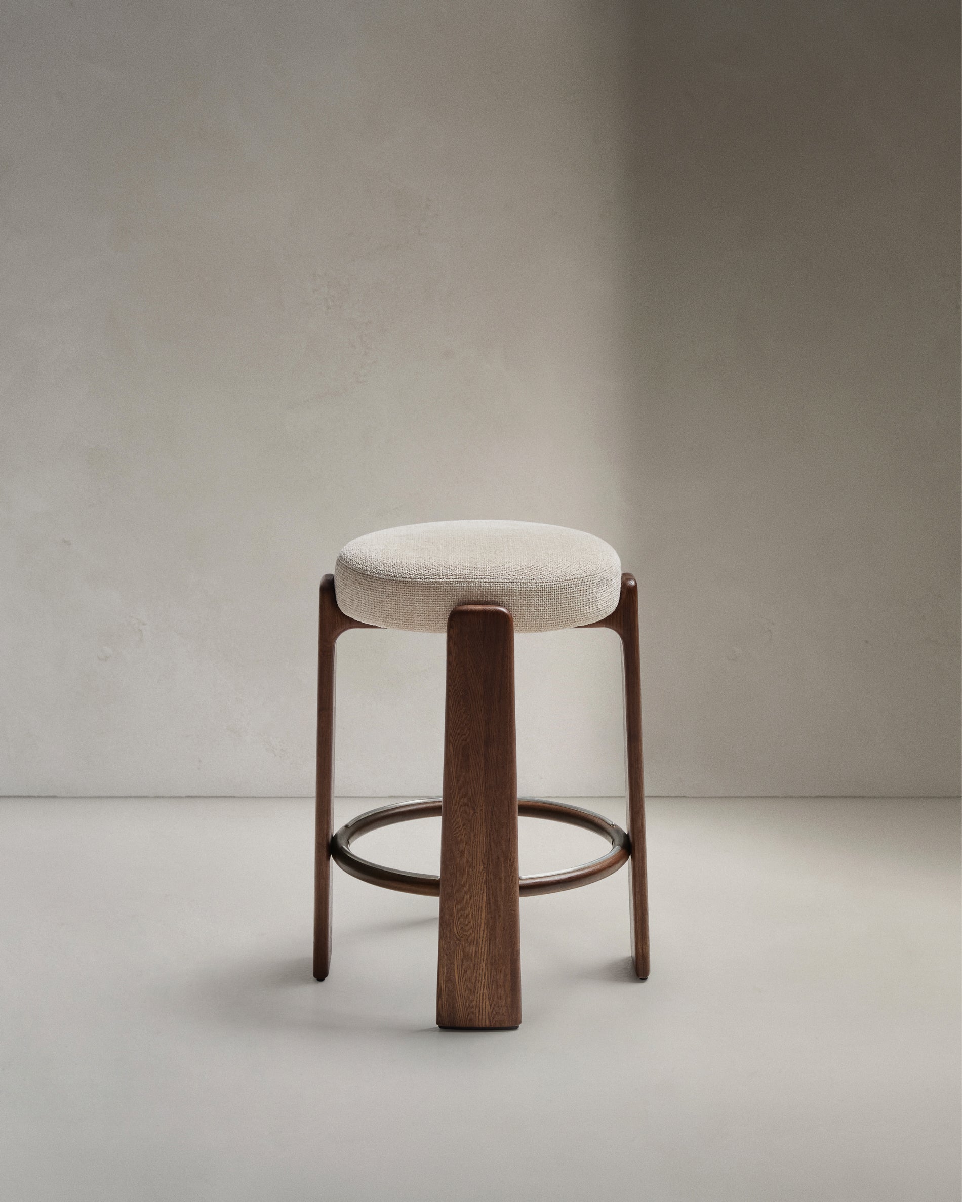 Granite stool in beige chenille and solid ash wood with walnut-coloured finish FSC 100% 65cm - Product View