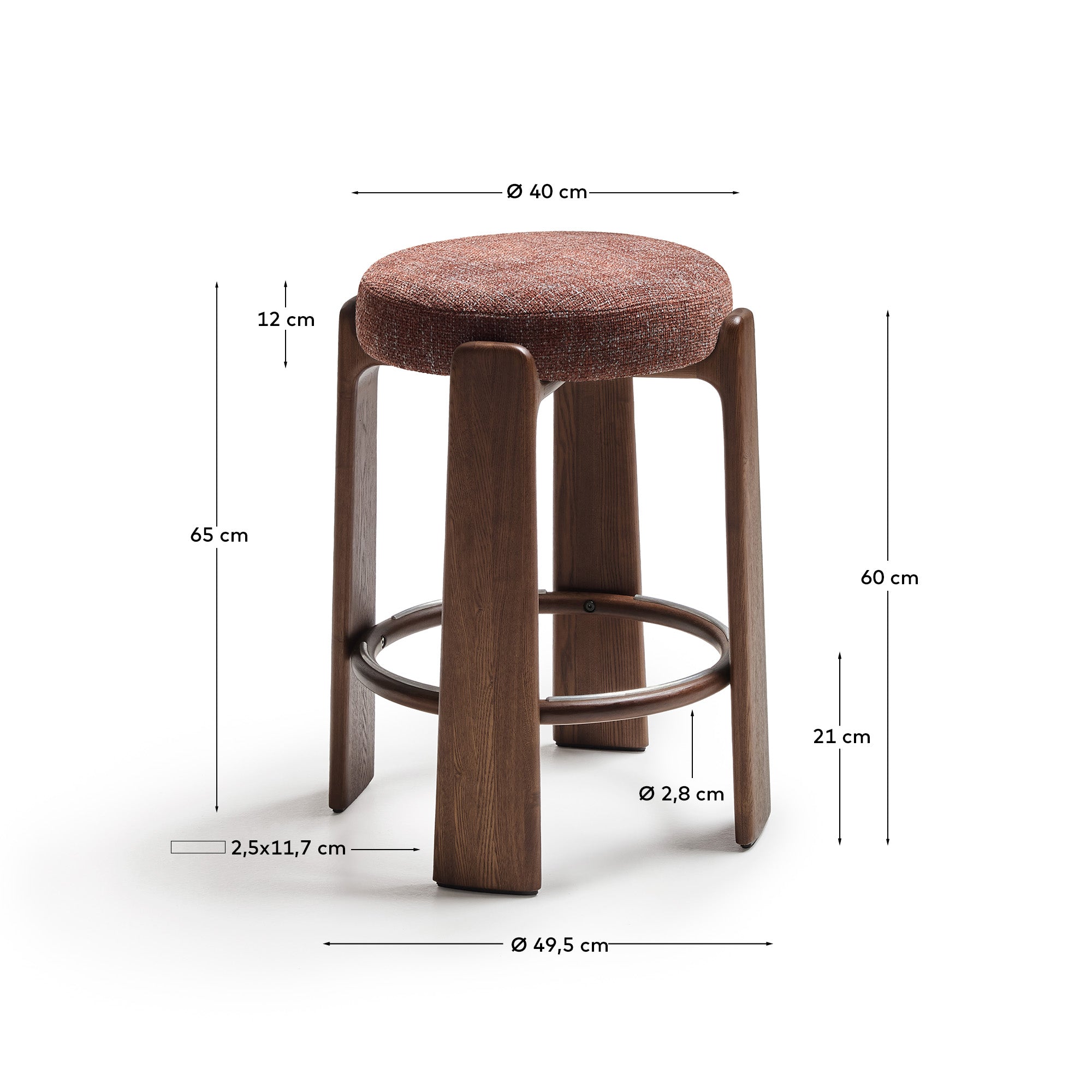 Granite fire-retardant stool in brown chenille and solid ash wood with walnut-coloured finish FSC 100% 65cm - Measurements