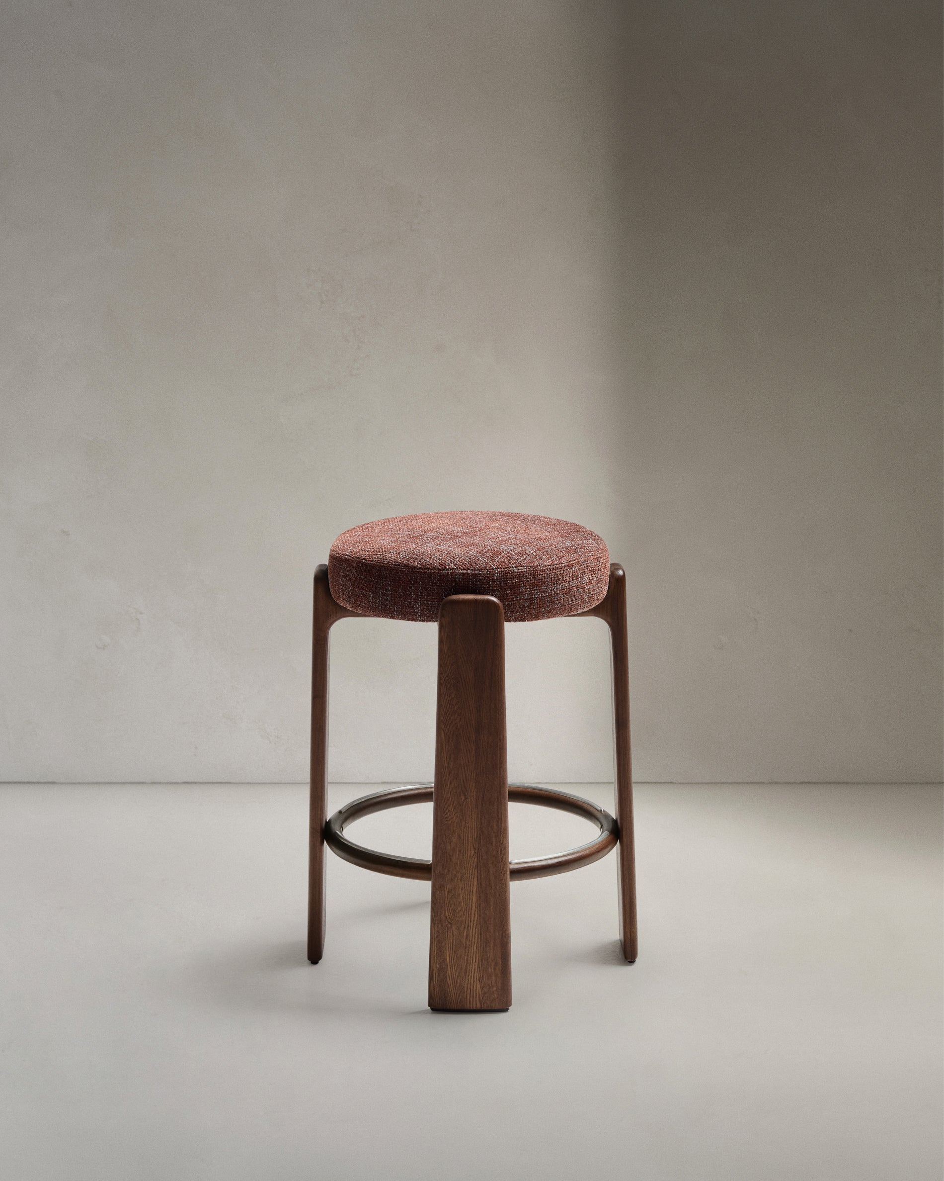 Granite stool in brown chenille and solid ash wood with walnut-coloured finish FSC 100% 65cm - Product View