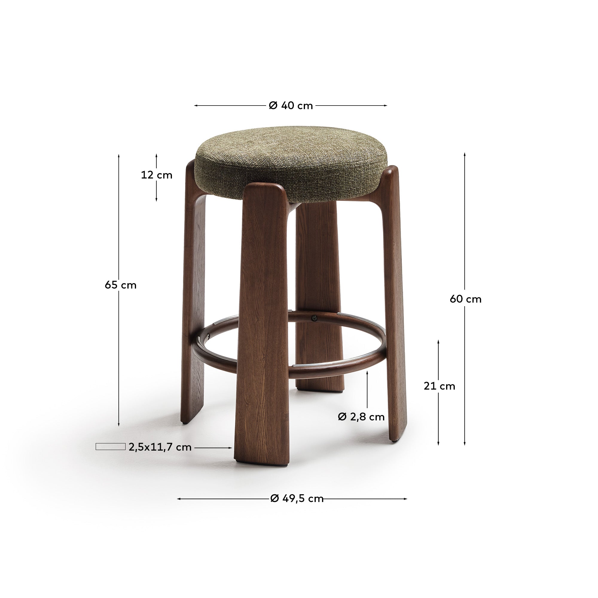 Granite fire-retardant stool in green chenille and solid ash wood with walnut-coloured finish FSC 100% 65cm - Measurements