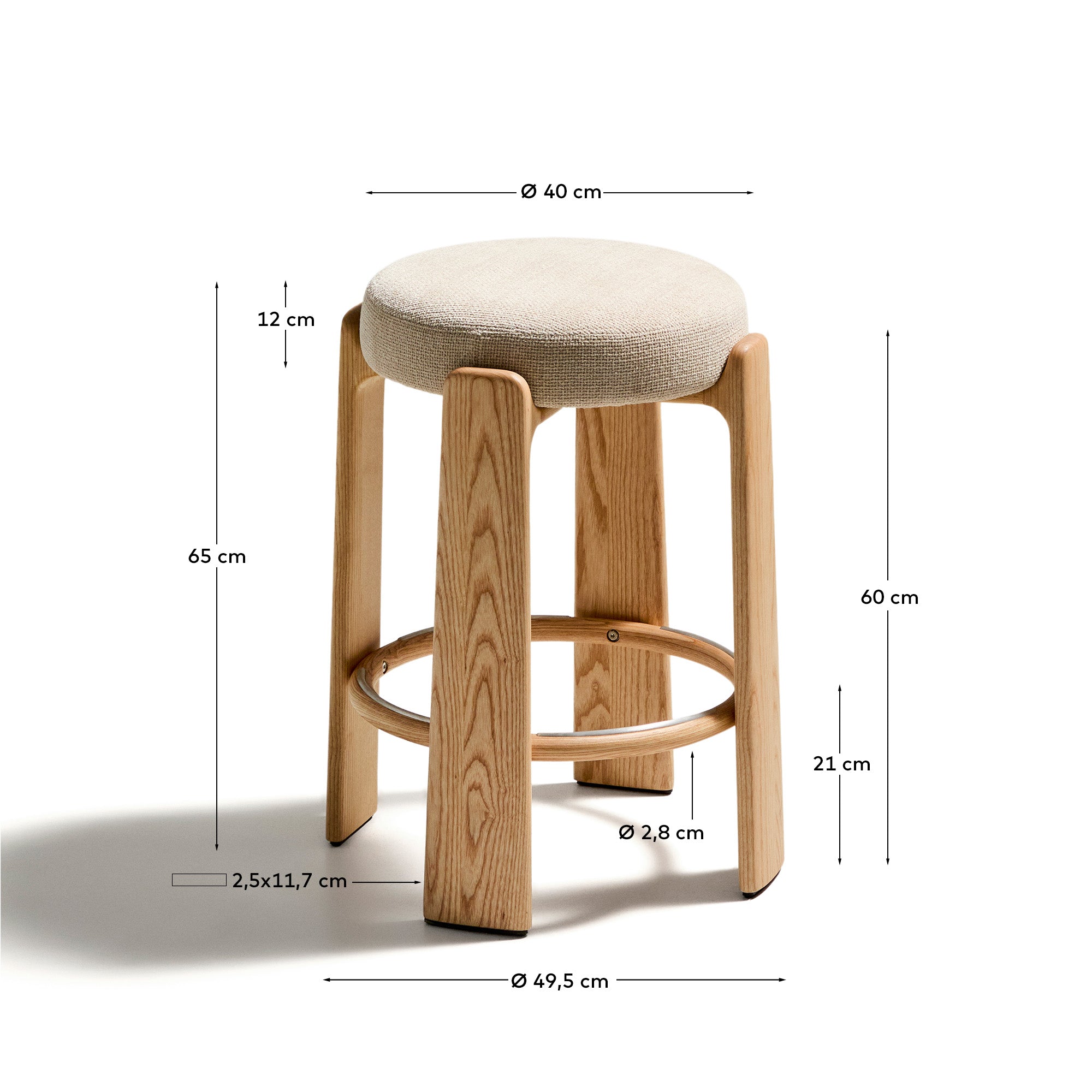 Granite stool in beige chenille and solid ash wood with natural tone finish FSC 100% 65cm - Measurements