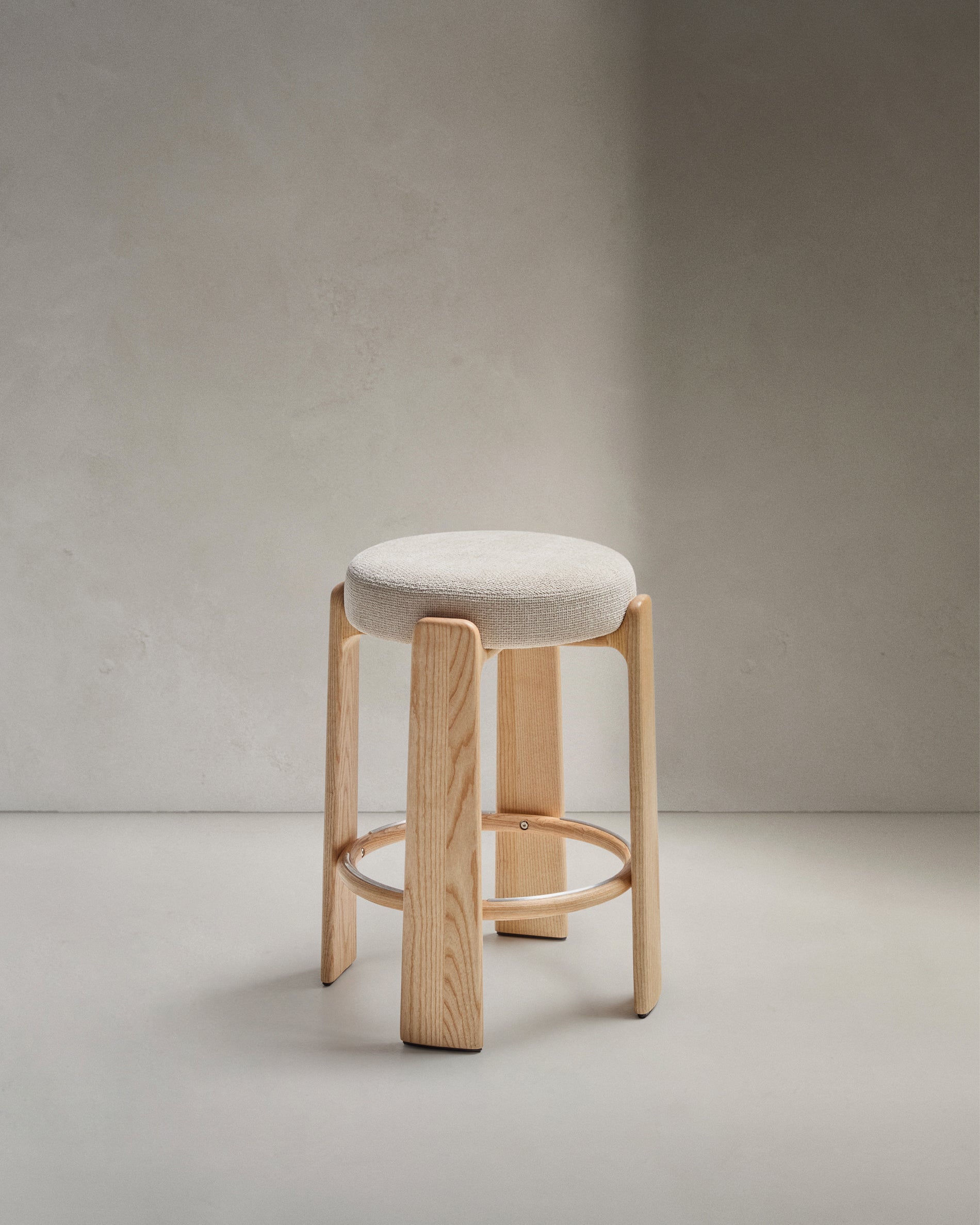 Granite stool in beige chenille and solid ash wood with natural tone finish FSC 100% 65cm - Product View