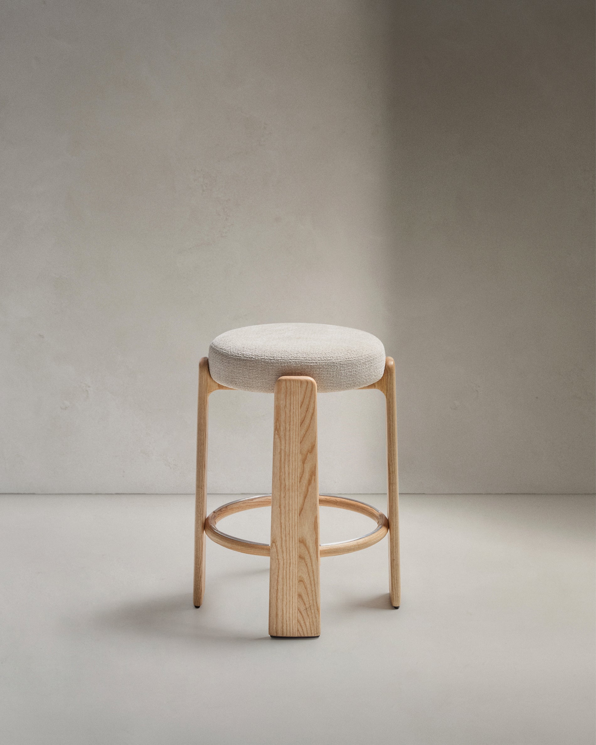 Granite stool in beige chenille and solid ash wood with natural tone finish FSC 100% 65cm - Product View