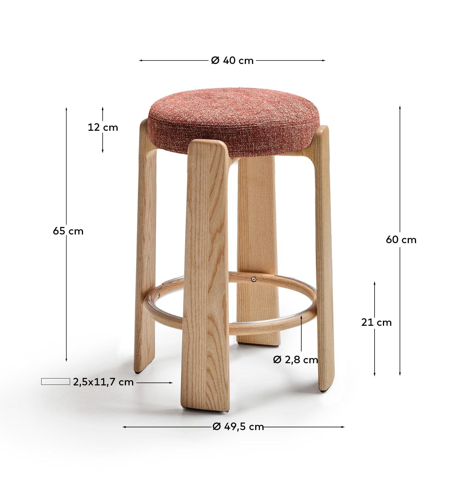 Granite stool in terracotta chenille and solid ash wood with a natural tone finish FSC 100% 65cm - Measurements