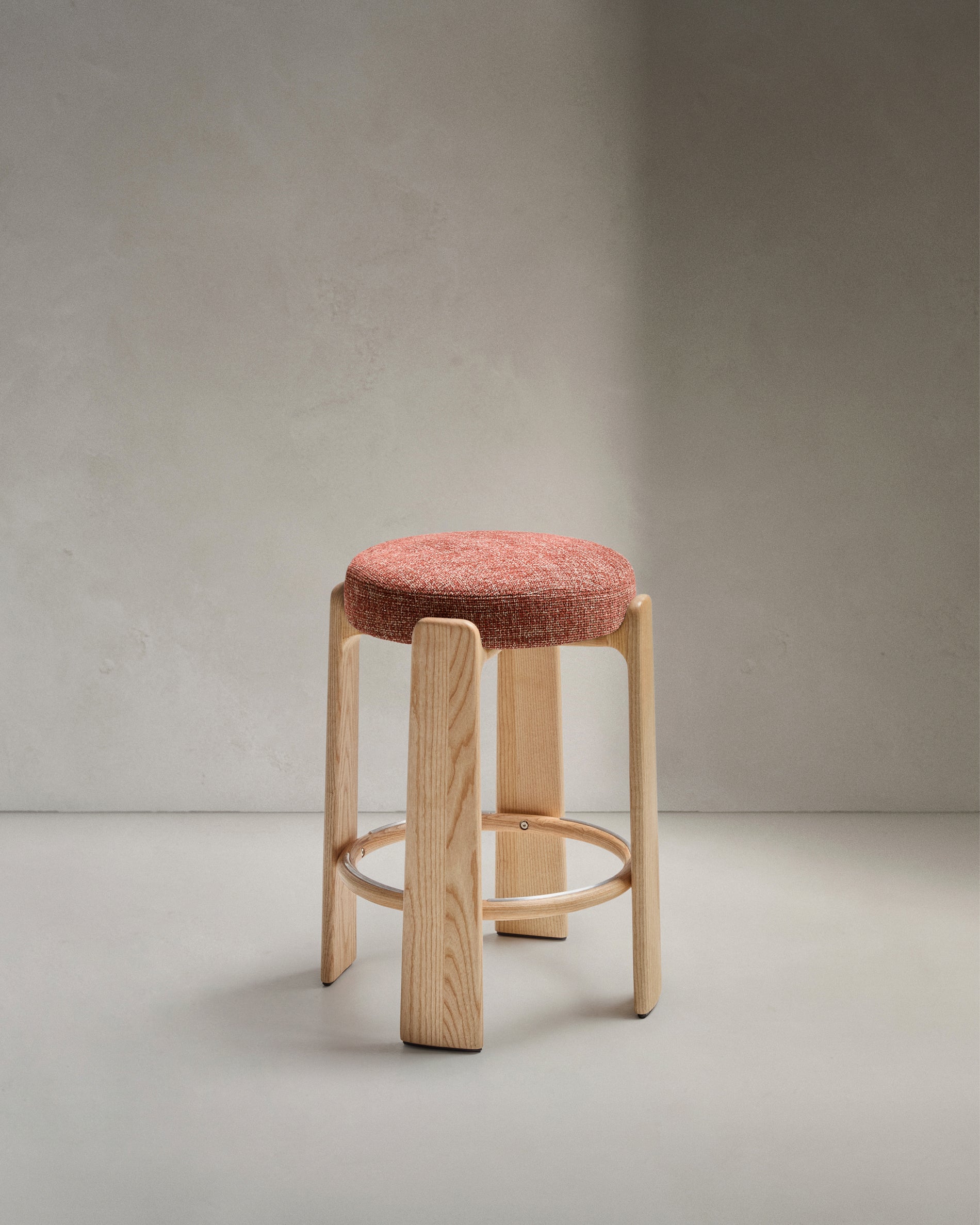 Granite stool in terracotta chenille and solid ash wood with a natural tone finish FSC 100% 65cm - Product View