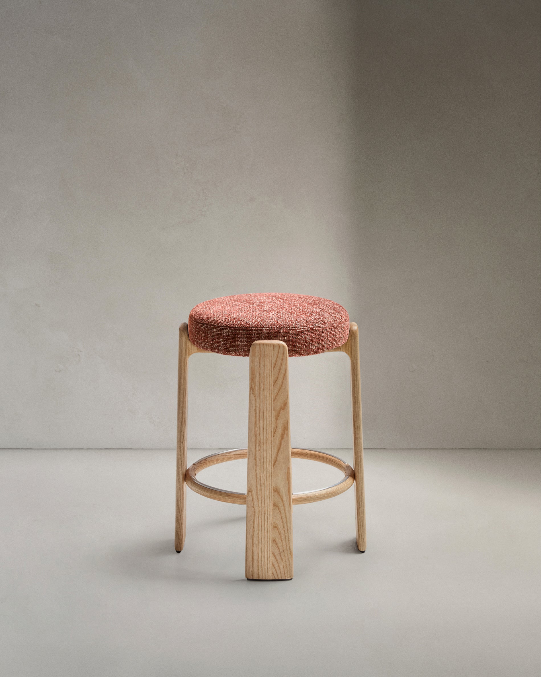 Granite stool in terracotta chenille and solid ash wood with a natural tone finish FSC 100% 65cm - Product View