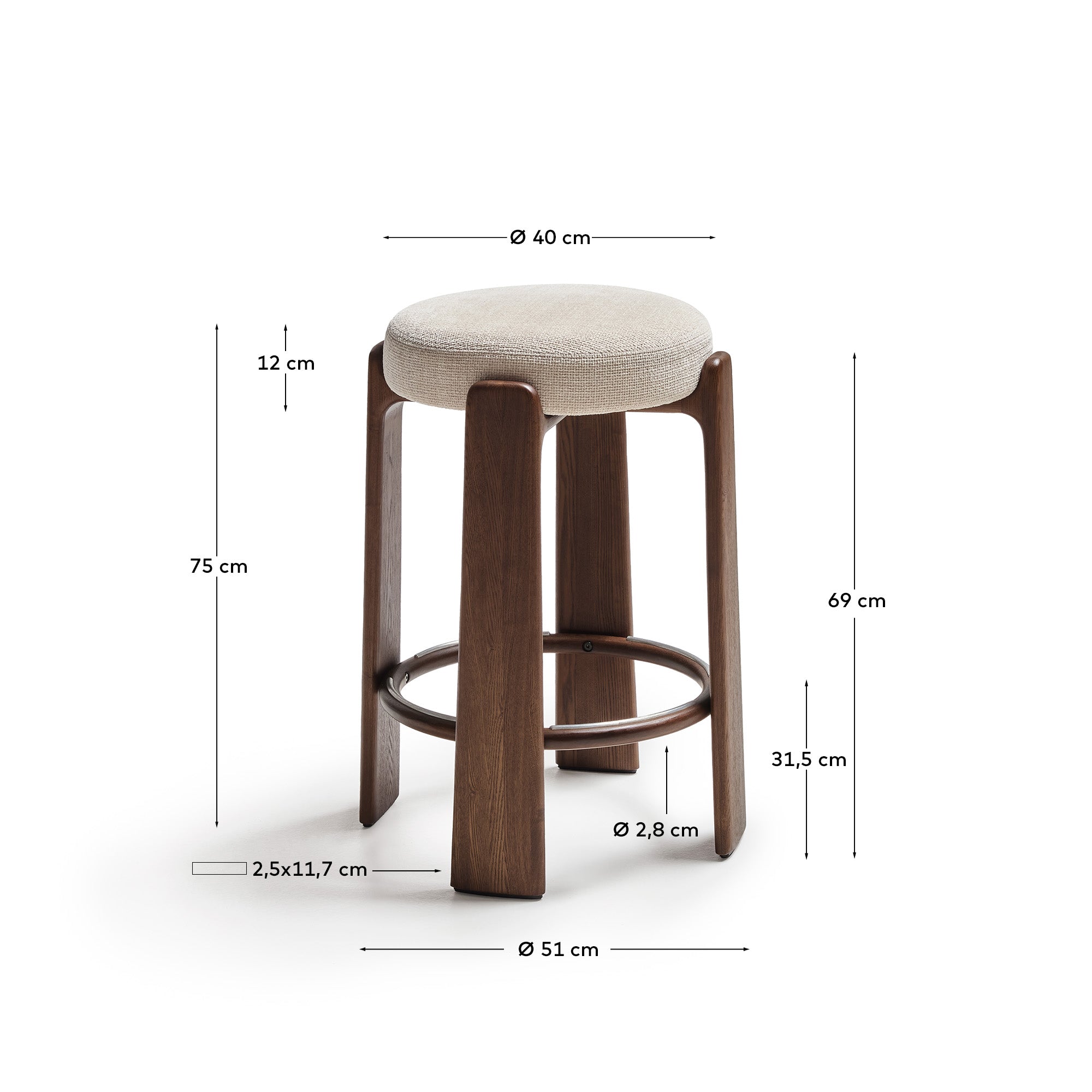 Granite fire-retardant stool in beige chenille and solid ash wood with walnut-coloured finish FSC 100% 75cm - Measurements