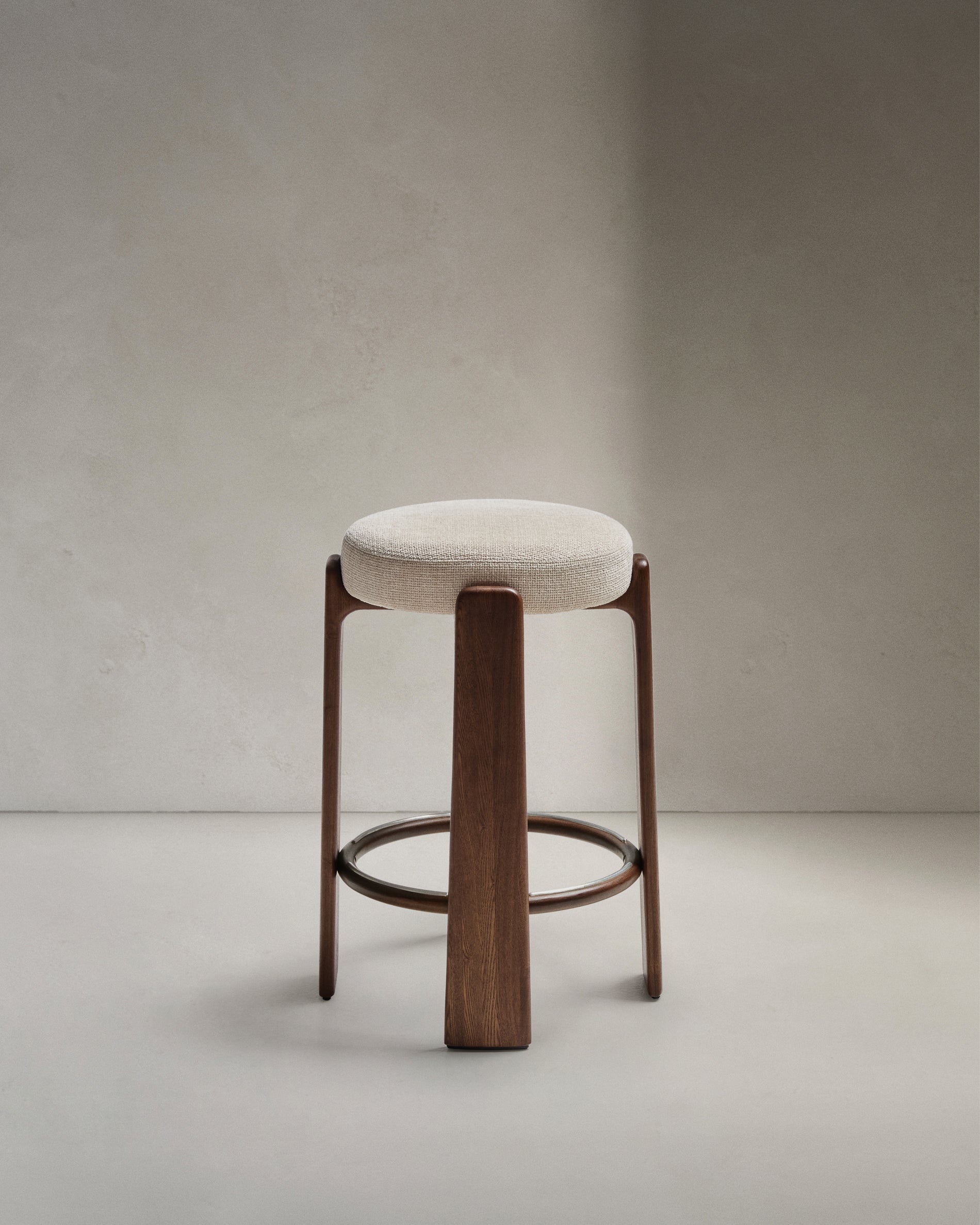 Granite stool in beige chenille and solid ash wood with walnut-coloured finish FSC 100% 75cm - Product View