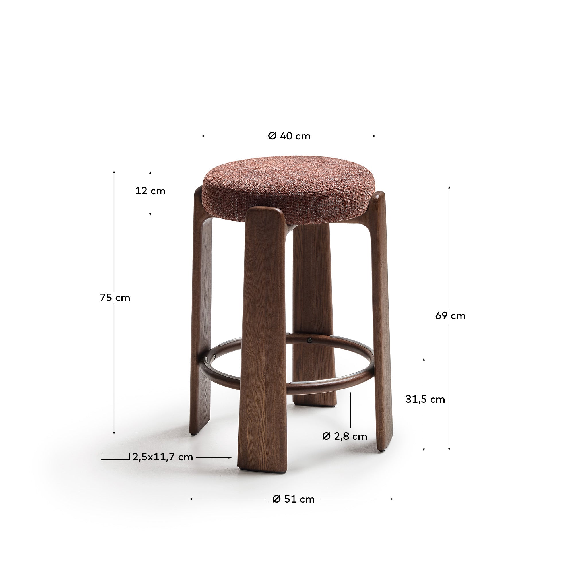 Granite stool in brown chenille and solid ash wood with walnut-coloured finish FSC 100% 75cm - Measurements