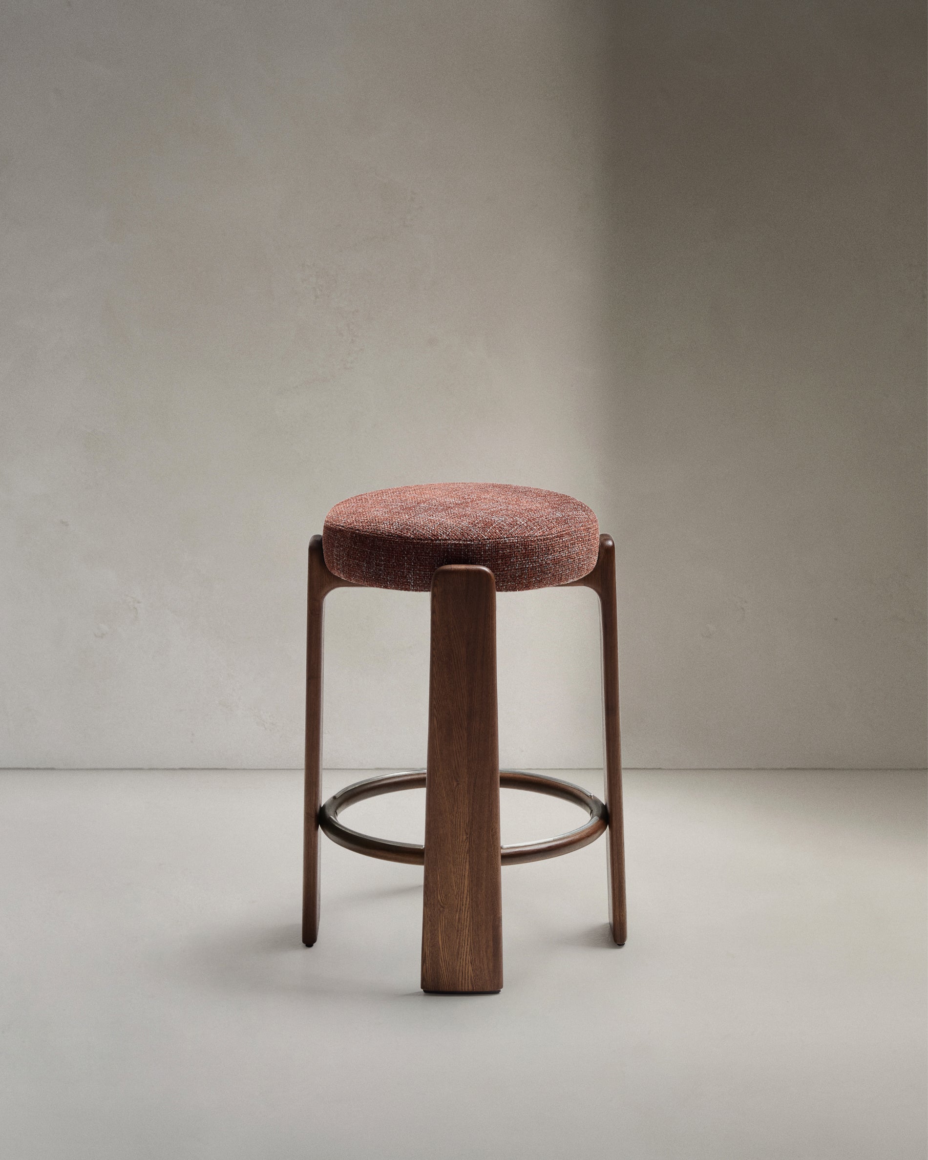 Granite stool in brown chenille and solid ash wood with walnut-coloured finish FSC 100% 75cm - Product View