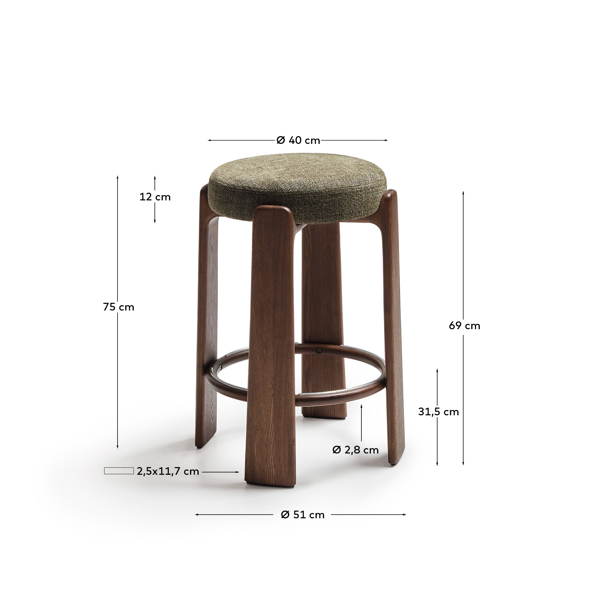 Granite stool in green chenille and solid ash wood with walnut-coloured finish FSC 100% 75cm - Measurements