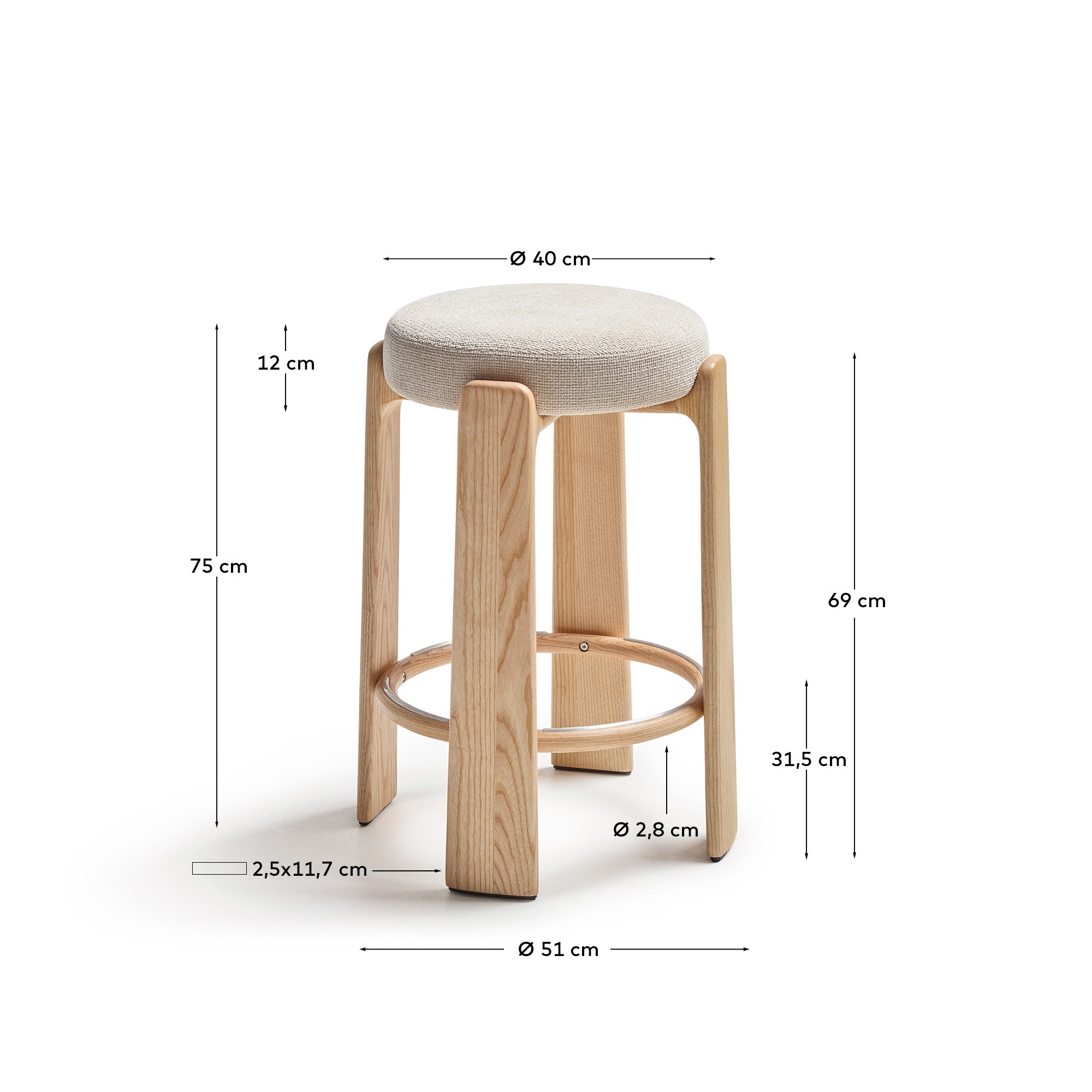 Granite stool made of beige chenille and solid ash wood with natural tone finish FSC 100% 75cm - Measurements
