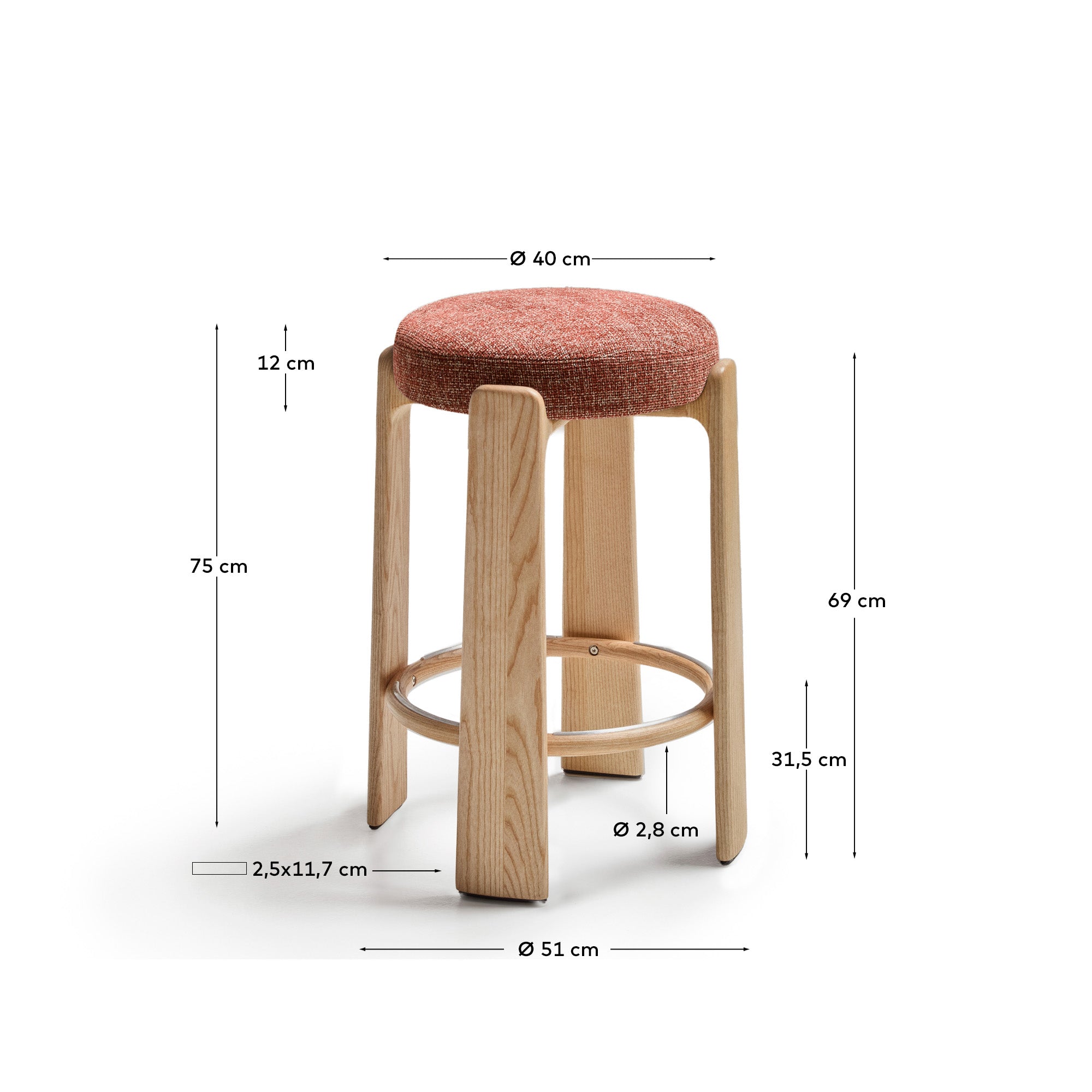 Granite stool in terracotta chenille and solid ash wood with a natural tone finish FSC 100% 75cm - Measurements