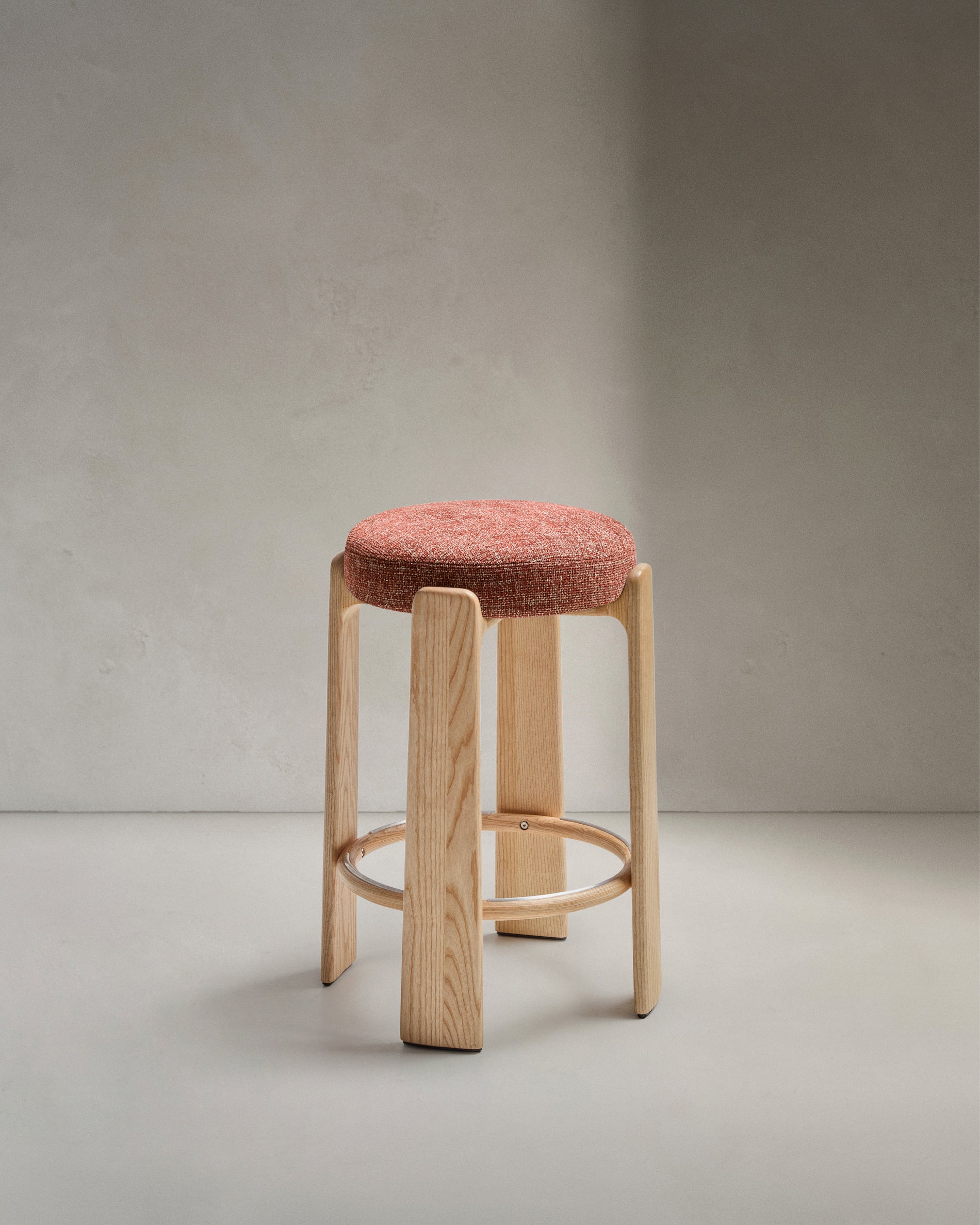 Granite stool in terracotta chenille and solid ash wood with a natural tone finish FSC 100% 75cm - Product View