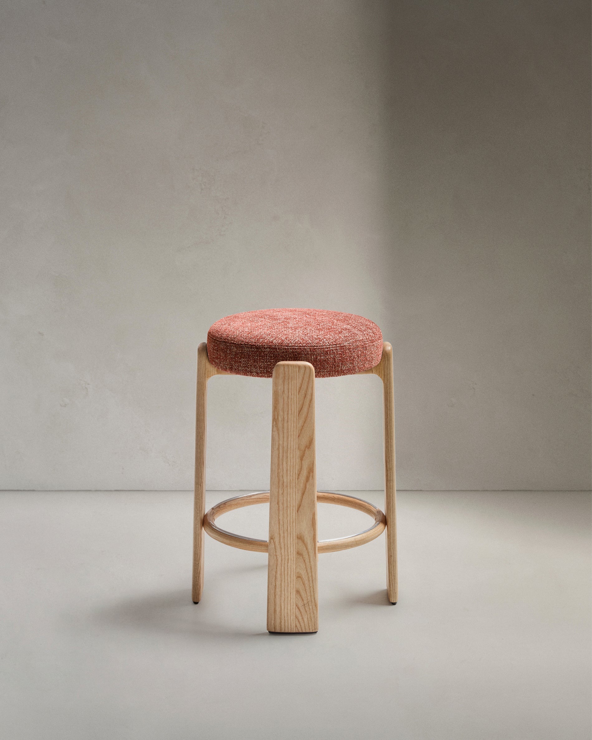 Granite stool in terracotta chenille and solid ash wood with a natural tone finish FSC 100% 75cm - Product View
