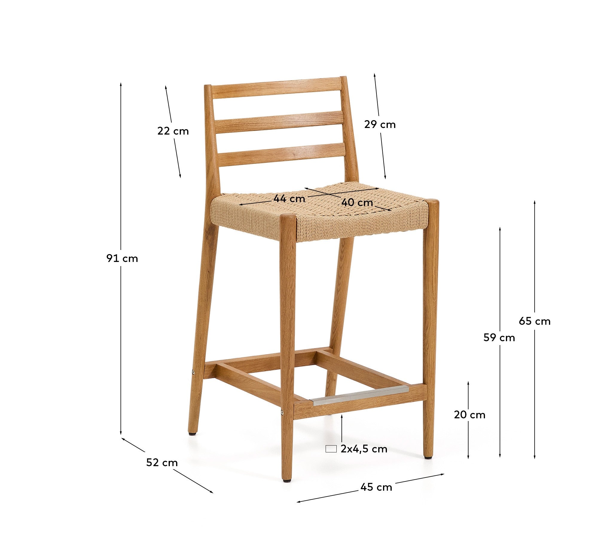Analy stool backrest solid oak wood natural-tone finish and rope seat 65 cm FSC 100%. - Measurements