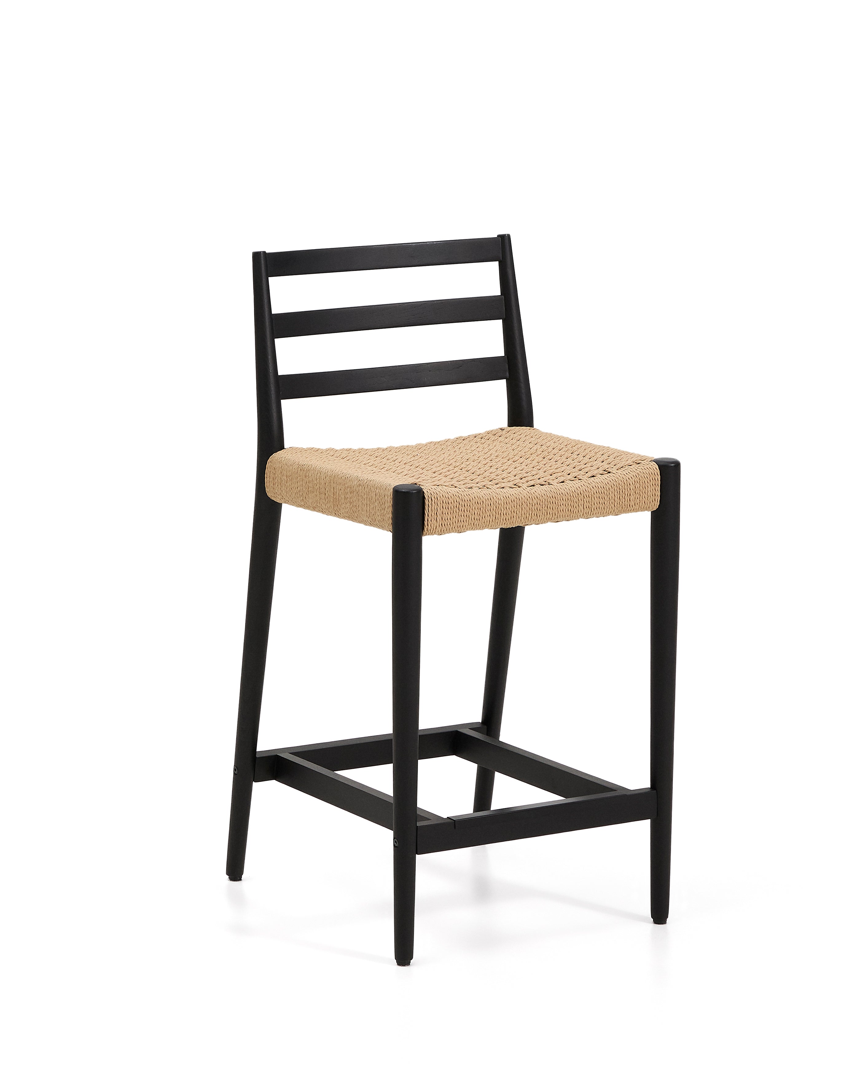 Analy stool with a backrest in solid oak wood in a black finish and rope cord seat, 65 cm, FSC 100% - Product Image