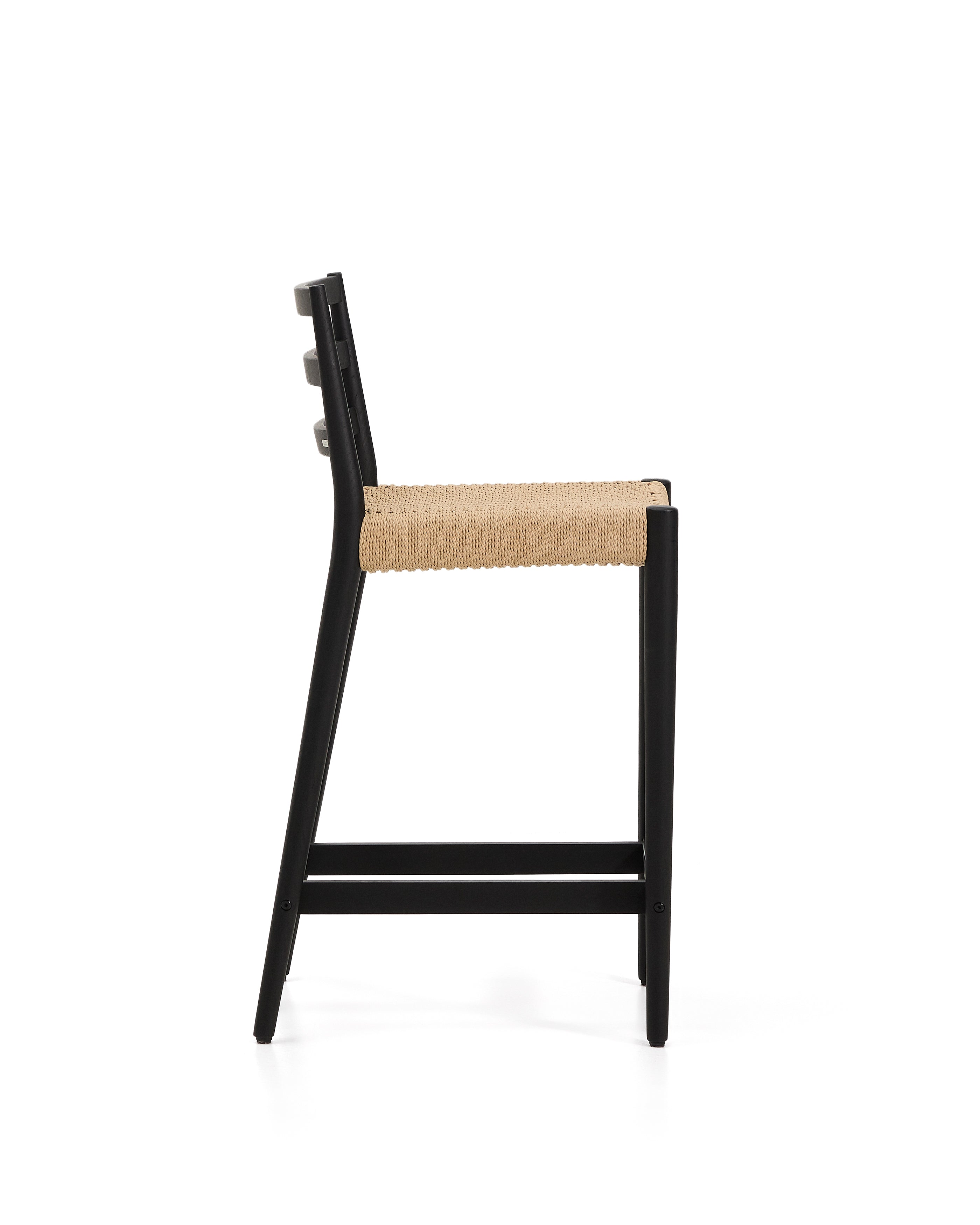 Analy stool with a backrest in solid oak wood in a black finish and rope cord seat, 65 cm, FSC 100% - Product Image
