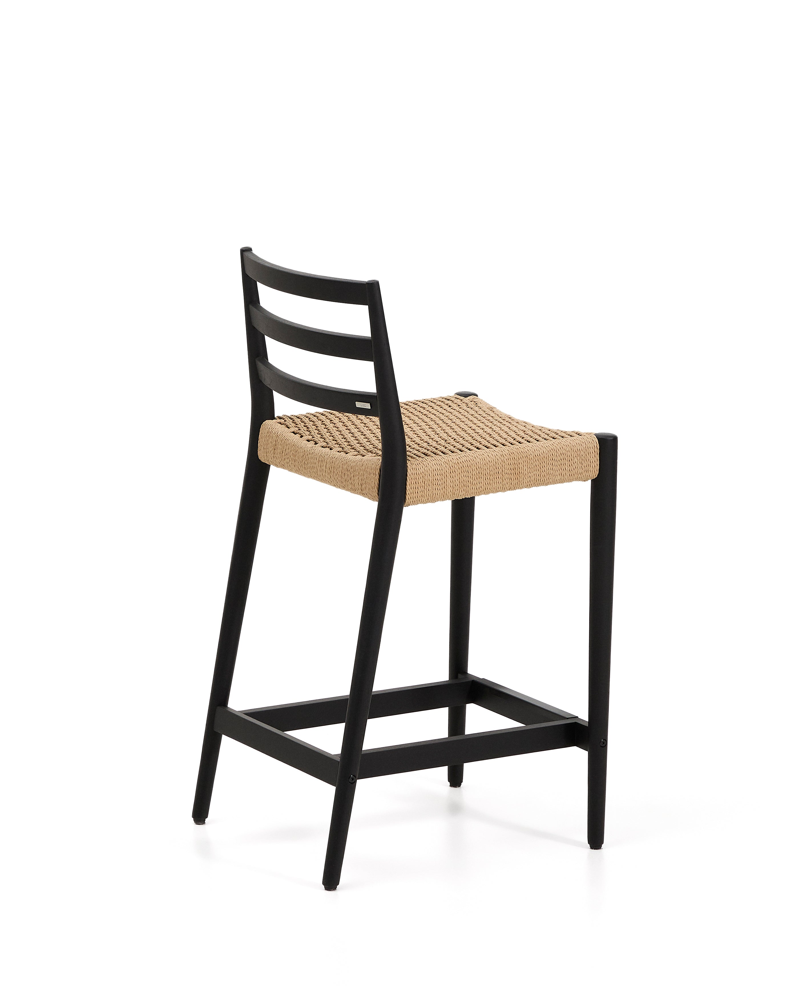 Analy stool with a backrest in solid oak wood in a black finish and rope cord seat, 65 cm, FSC 100% - Product Image