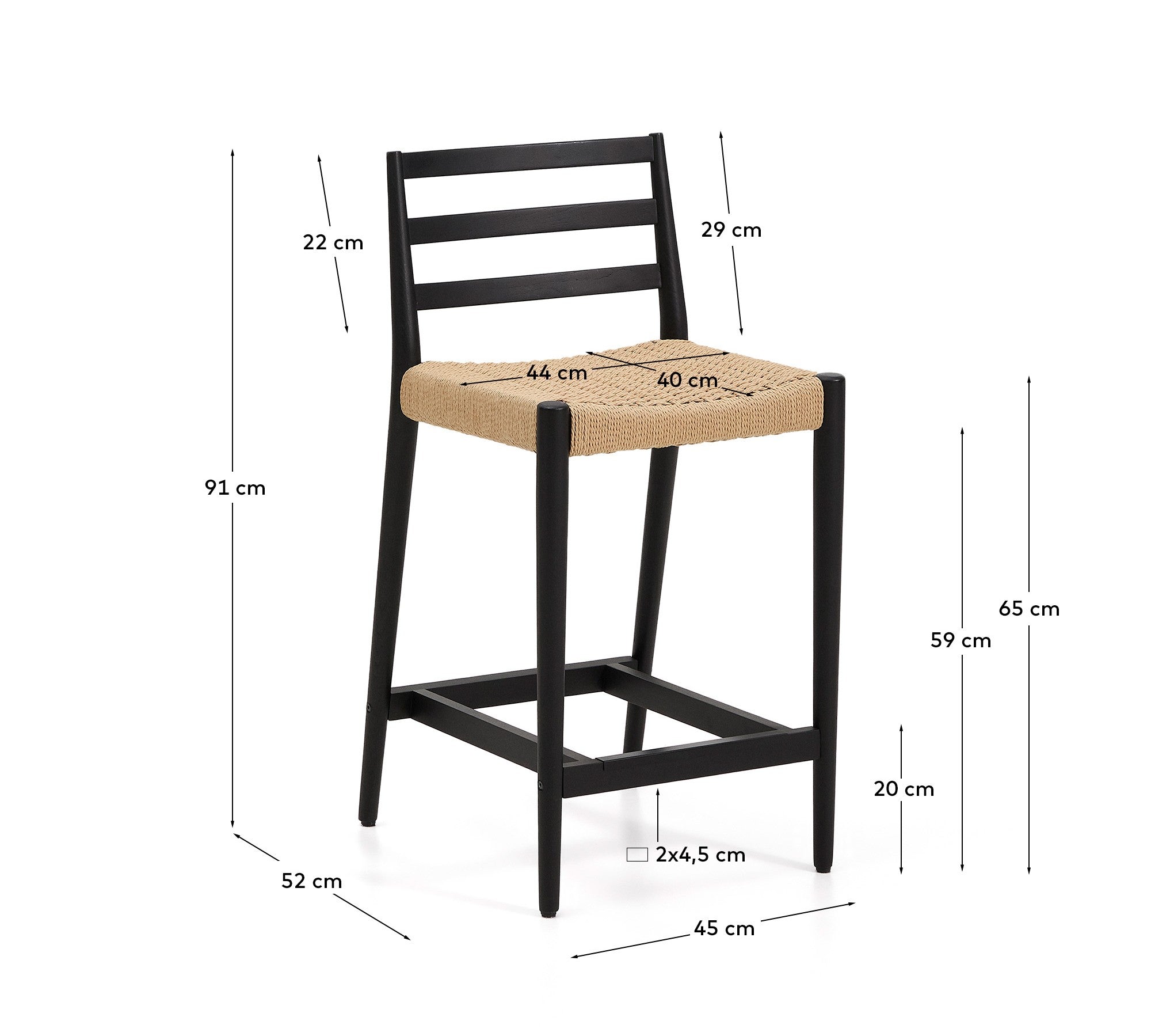 Analy stool with a backrest in solid oak wood in a black finish and rope cord seat, 65 cm, FSC 100% - Measurements