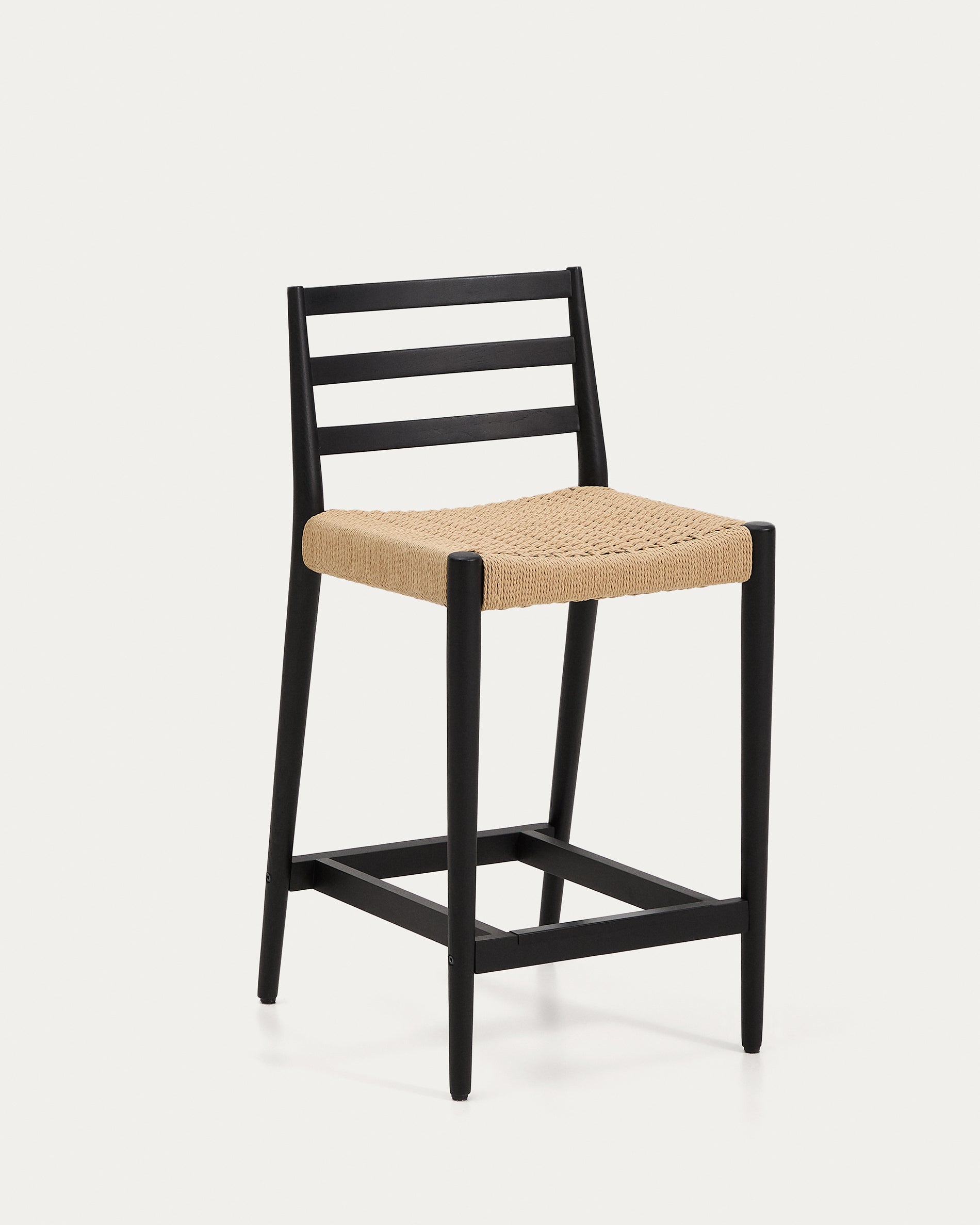 Analy stool with a backrest in solid oak wood in a black finish and rope cord seat, 65 cm, FSC 100% - Product View