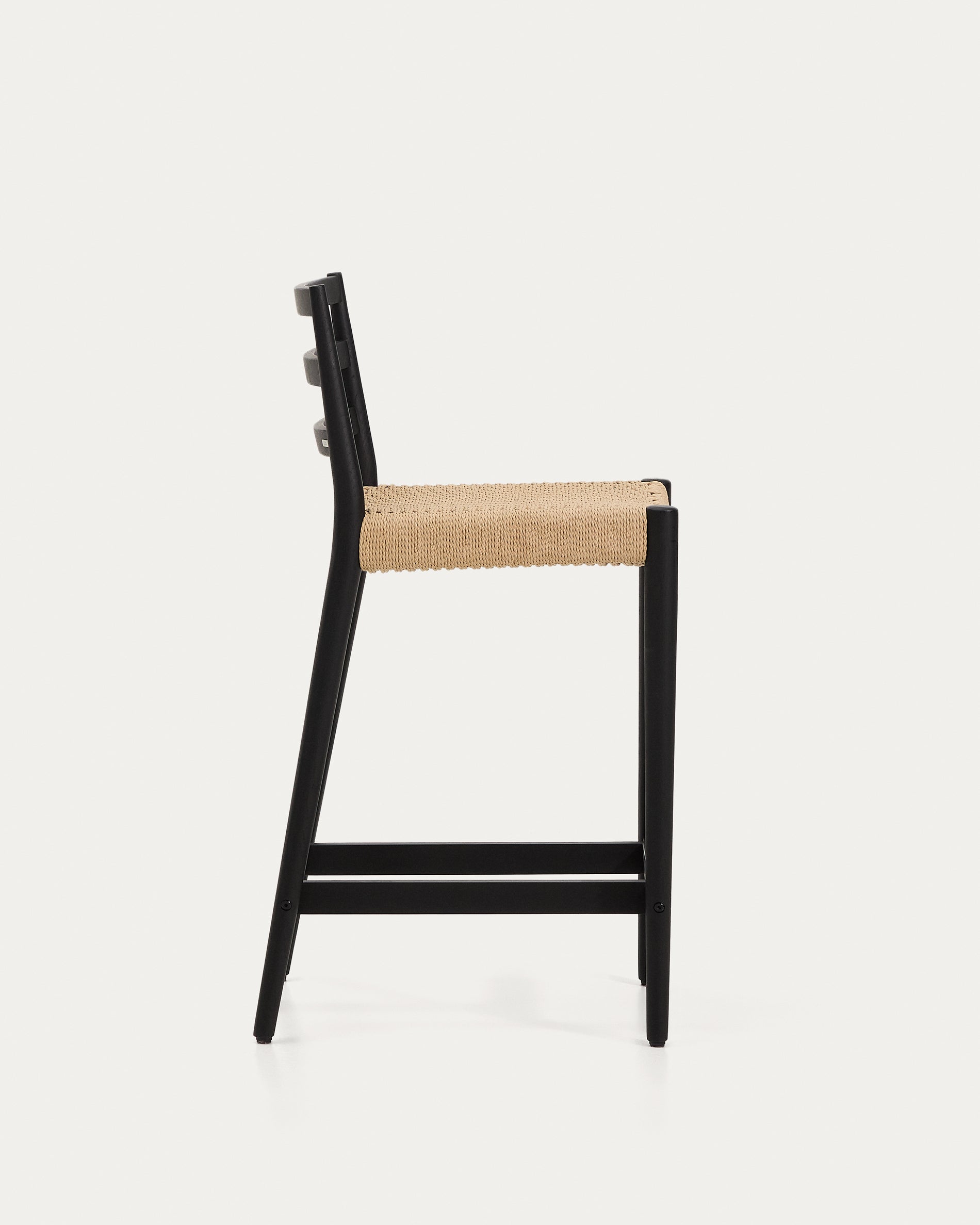 Analy stool with a backrest in solid oak wood in a black finish and rope cord seat, 65 cm, FSC 100% - Product View